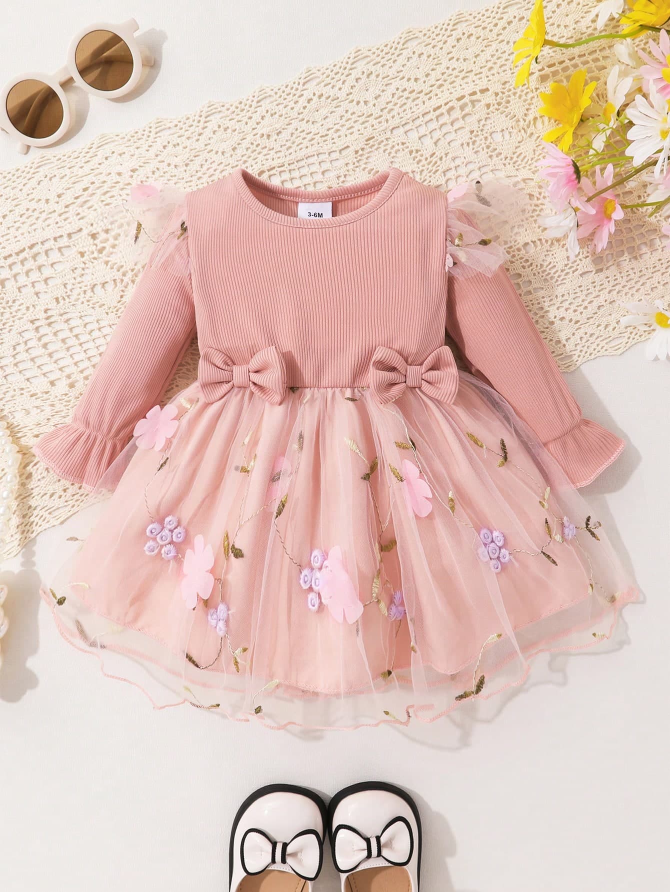 Baby Girl Sweet Elegant Ruffled Cap Sleeve Bow Front Mesh Princess Dress, Soft And Breathable