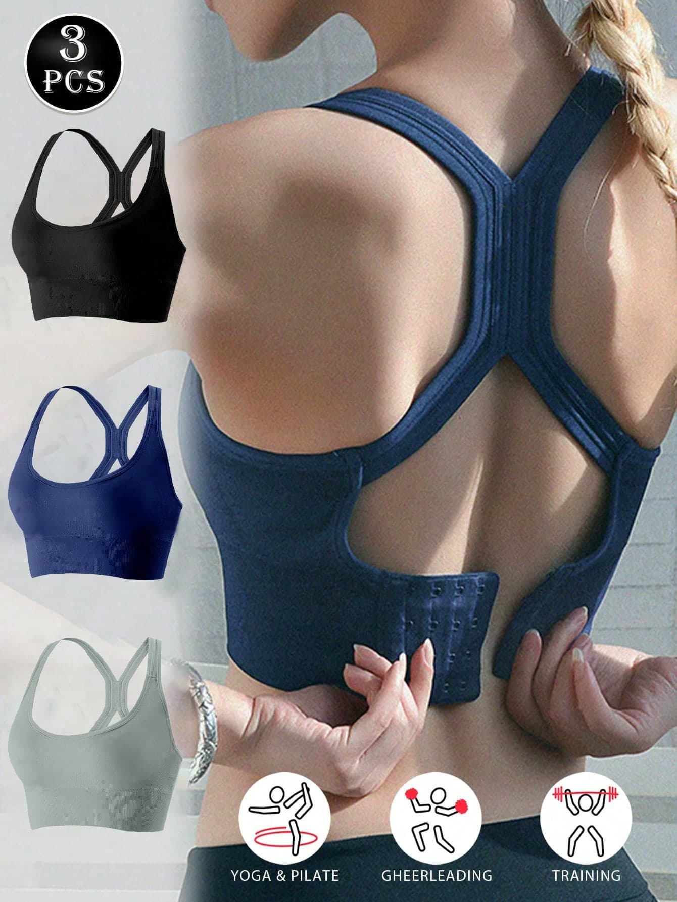 3pcs Women Sports Bra Set, Fitness Bra, Sexy Cropped Top, Padded Bra, Back Clasp, Seamless Design, High Impact Sports Bra, Yoga Gym Crop Top, Ladies Underwear, Activewear, Wireless Bra