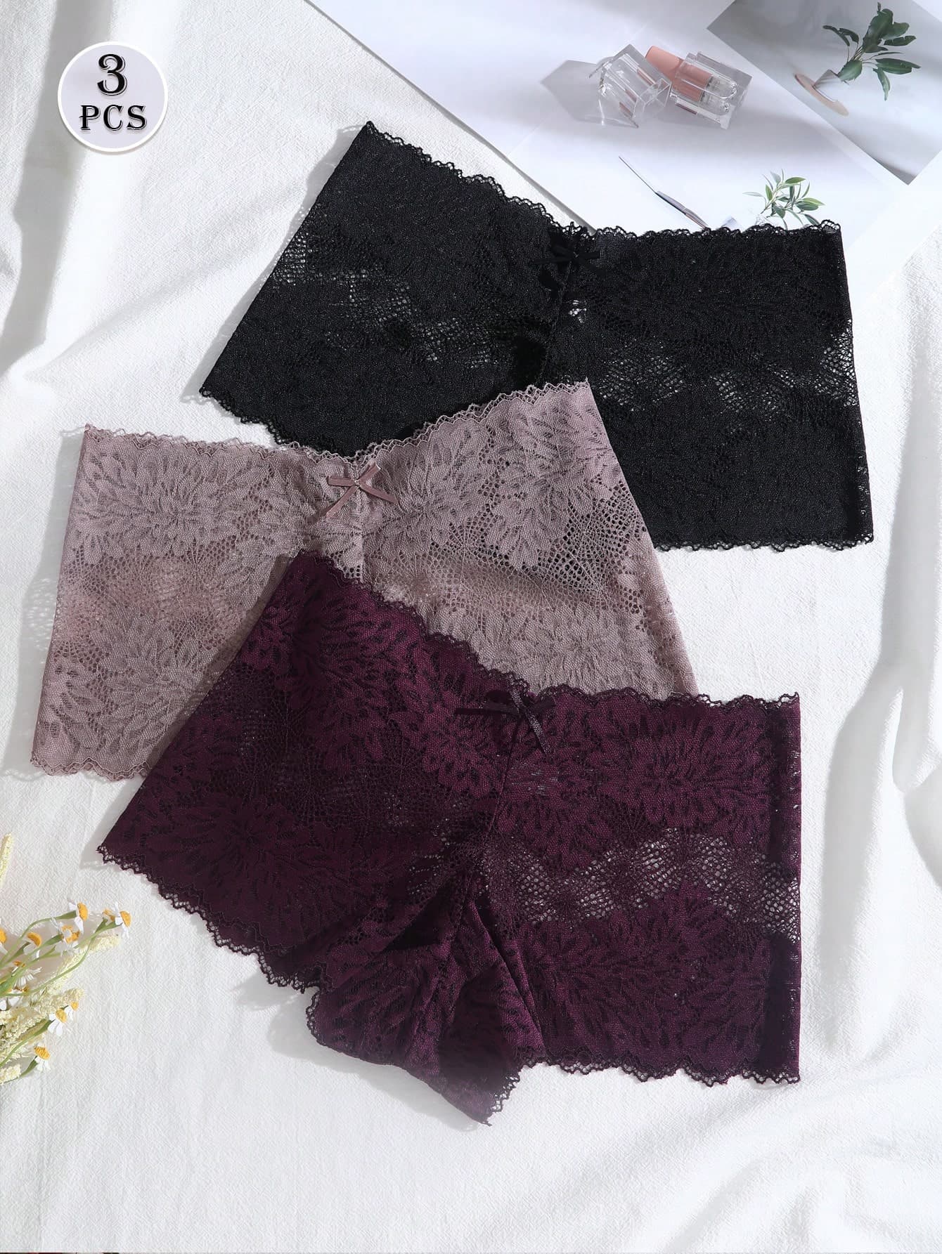 3pcs Set Solid Color Bow Floral Lace Women Sexy Romantic Briefs