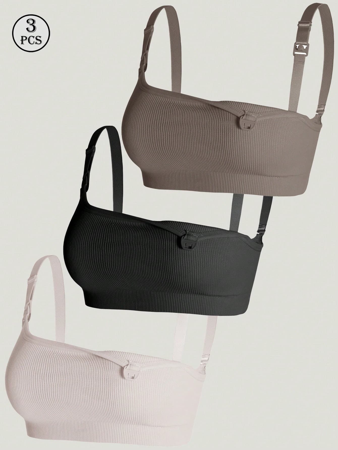 3pcs Maternity Nursing Bra, Easy Open Breastfeeding Comfortable Bralette, Black/Coffee/Light Skin Colors