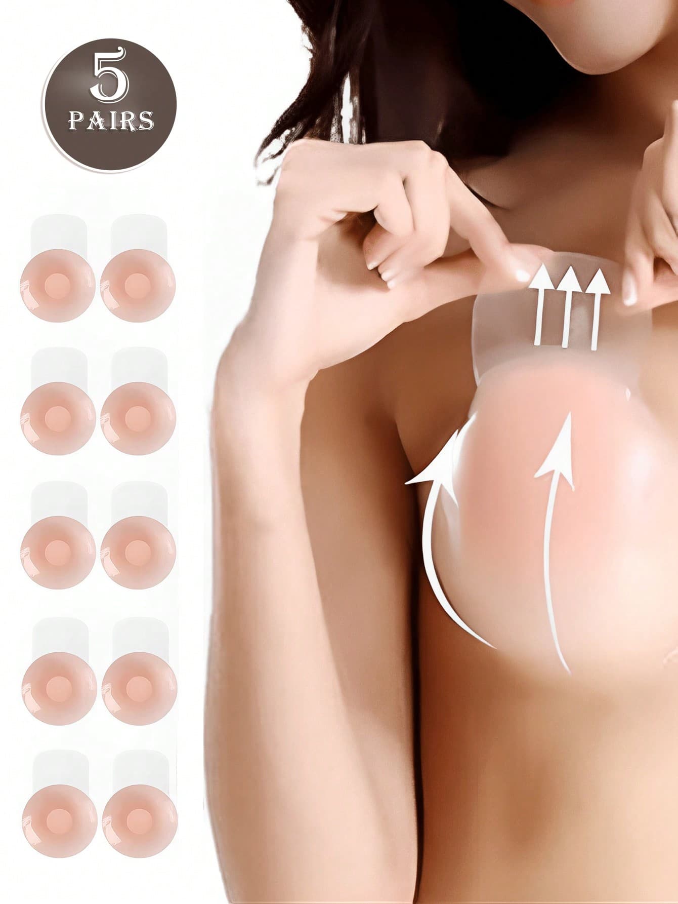 5 Pairs Reusable Lift-Up Adhesive Breast Petals, Suitable For Women With Smaller Bust And Fair Skin Tone, Made Of Silicone Material, Help Lift Bust And Prevent Wardrobe Malfunction