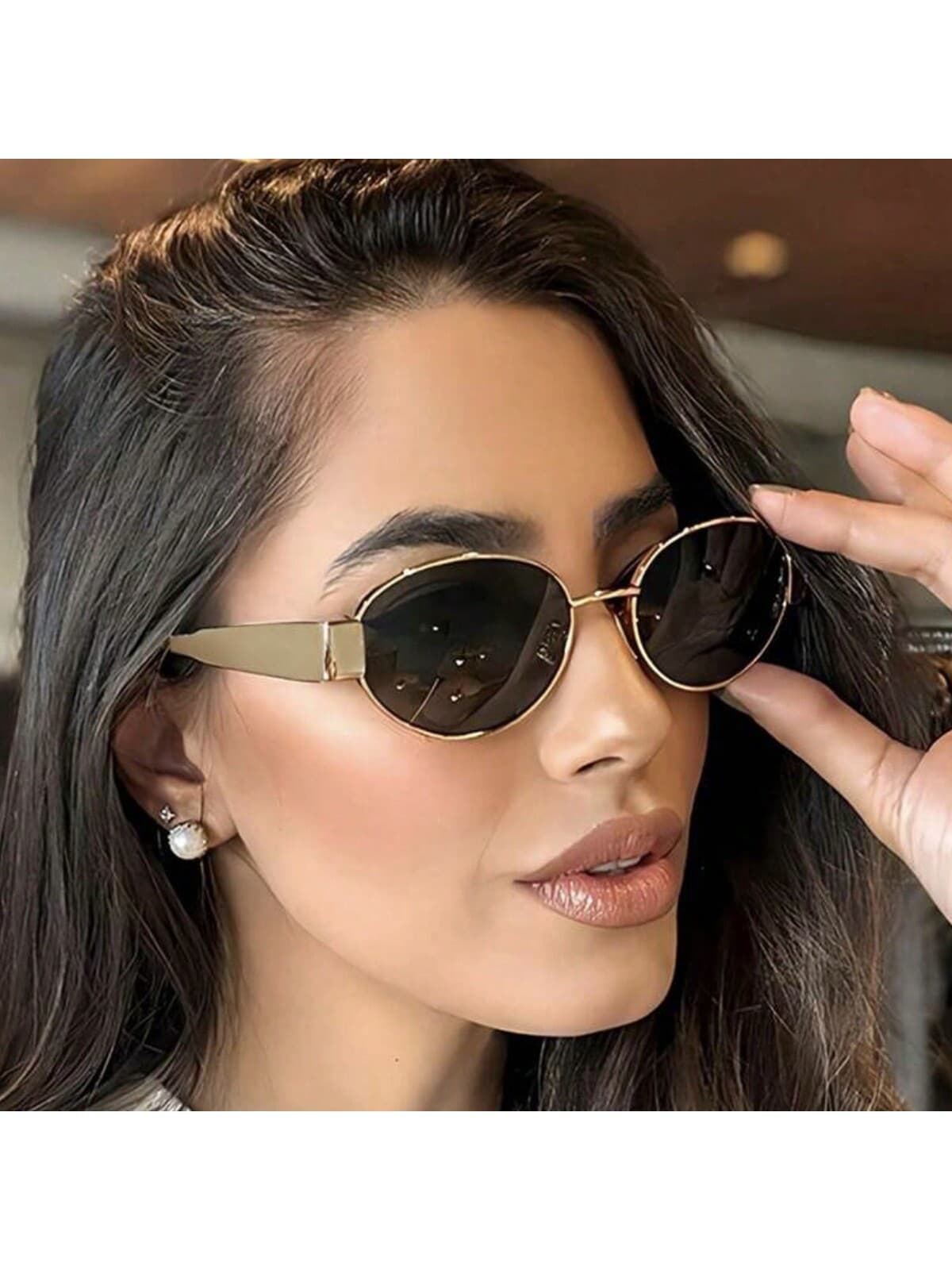 1 Pair Women's Oval Metal Frame Retro Fashion Glasses, Fashionable Street Style, Suitable For Halloween, Autumn/Winter, Business Casual, Summer Beach, Outdoor Travel, Vintage Oval Frame, Versatile Outfit, Back To School Essential