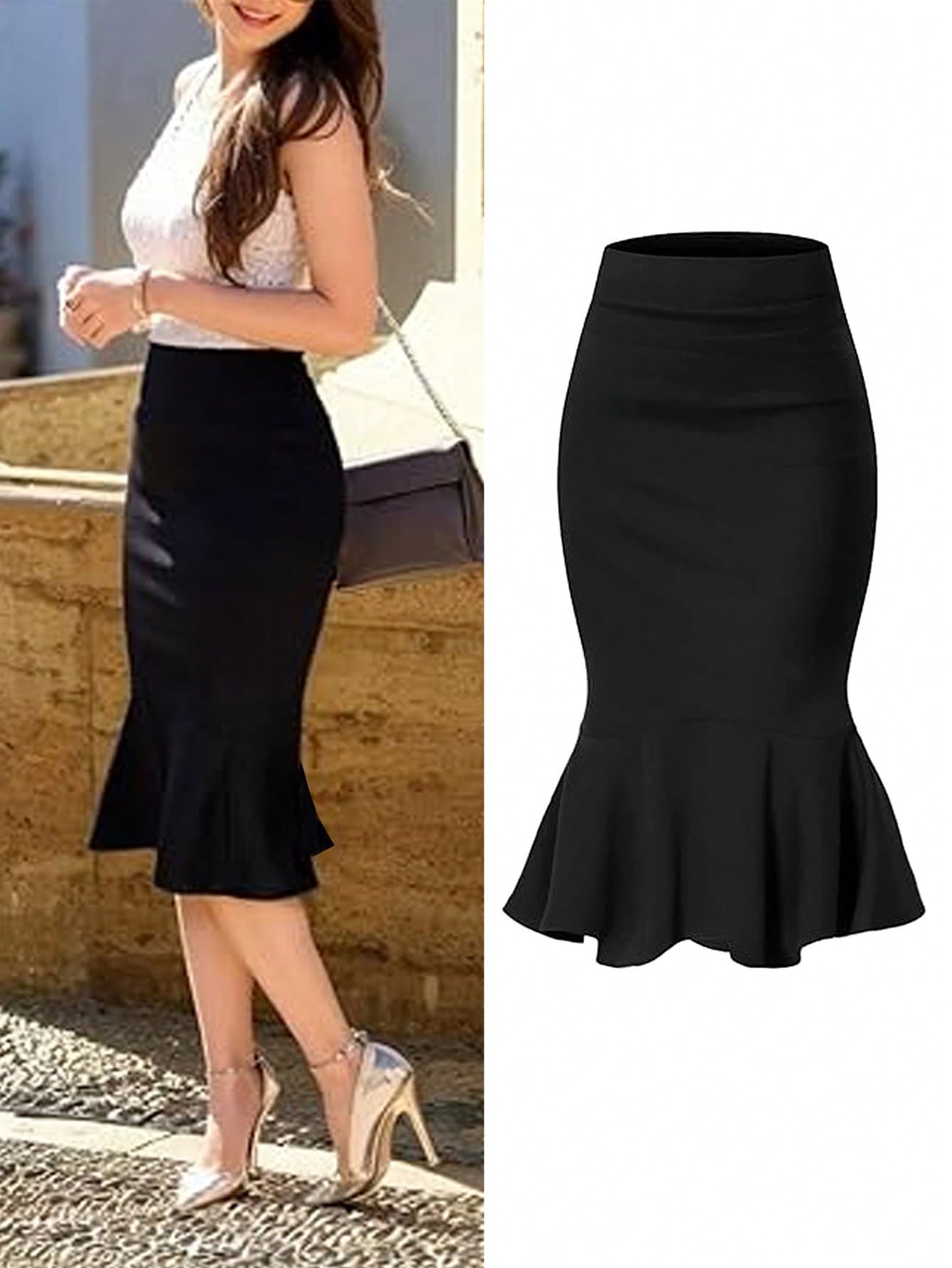 Women's Office/Commute High Waist Knee-Length Slim Fit Pencil Skirt, Elastic Polyester Blend, Suitable For All Seasons Black Spring