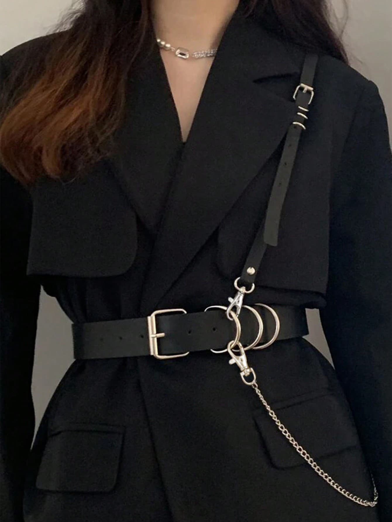 Fashionable Black Faux Leather Waist Belt, Punk Style Chest Strap With Chain Accessory
