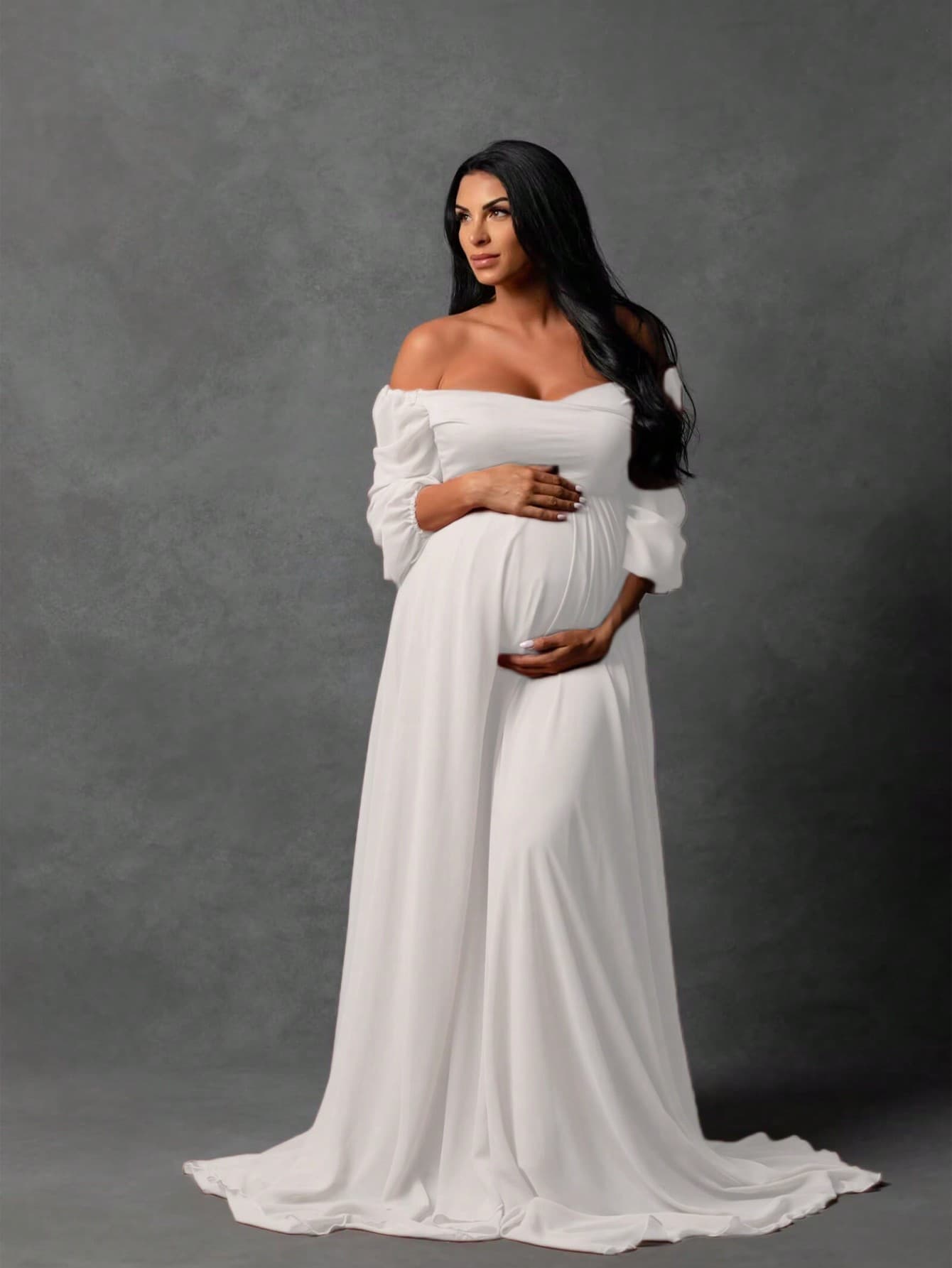 JustVH Maternity Sheer Chiffon Lantern Sleeve V-Neck Dress With Side Slit, Suitable For Baby Photography And Baby Shower Events Spring White