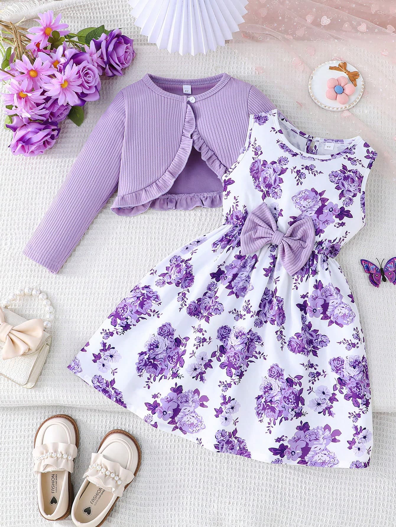 2pcs Young Girl Spring/Autumn Outfit: Elegant Ruffle Trim Jacket Paired With Sleeveless Floral Print Bowknot Dress