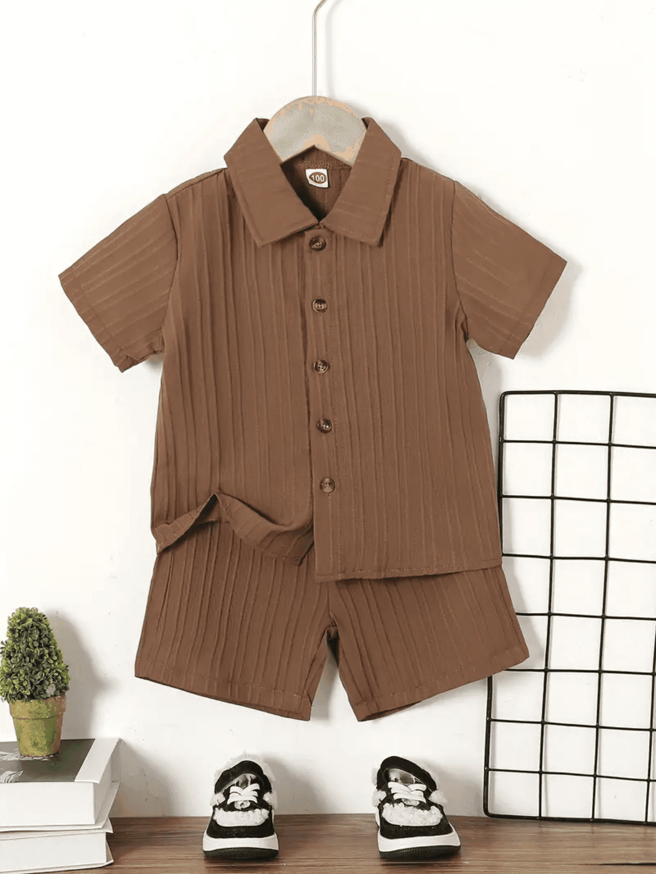 1 Set Young Boy Solid Color Stylish Front Button Short Sleeve Shirt And Shorts Casual Suit