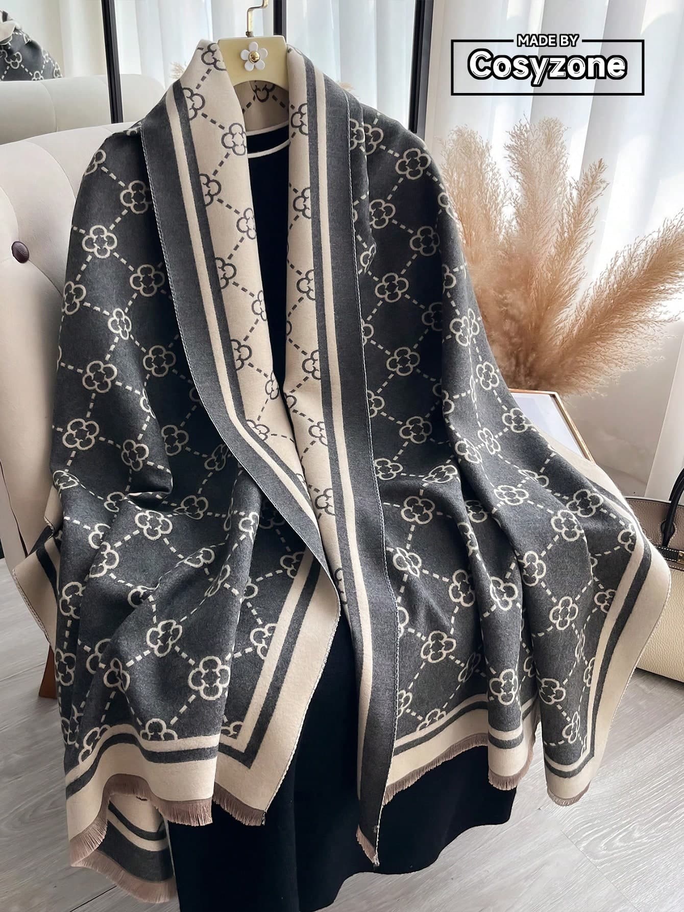 1pc Elegant Clover Patterned Warm Scarf For Women, Faux Cashmere, Fashionable For Fall/Winter Outfit Decor