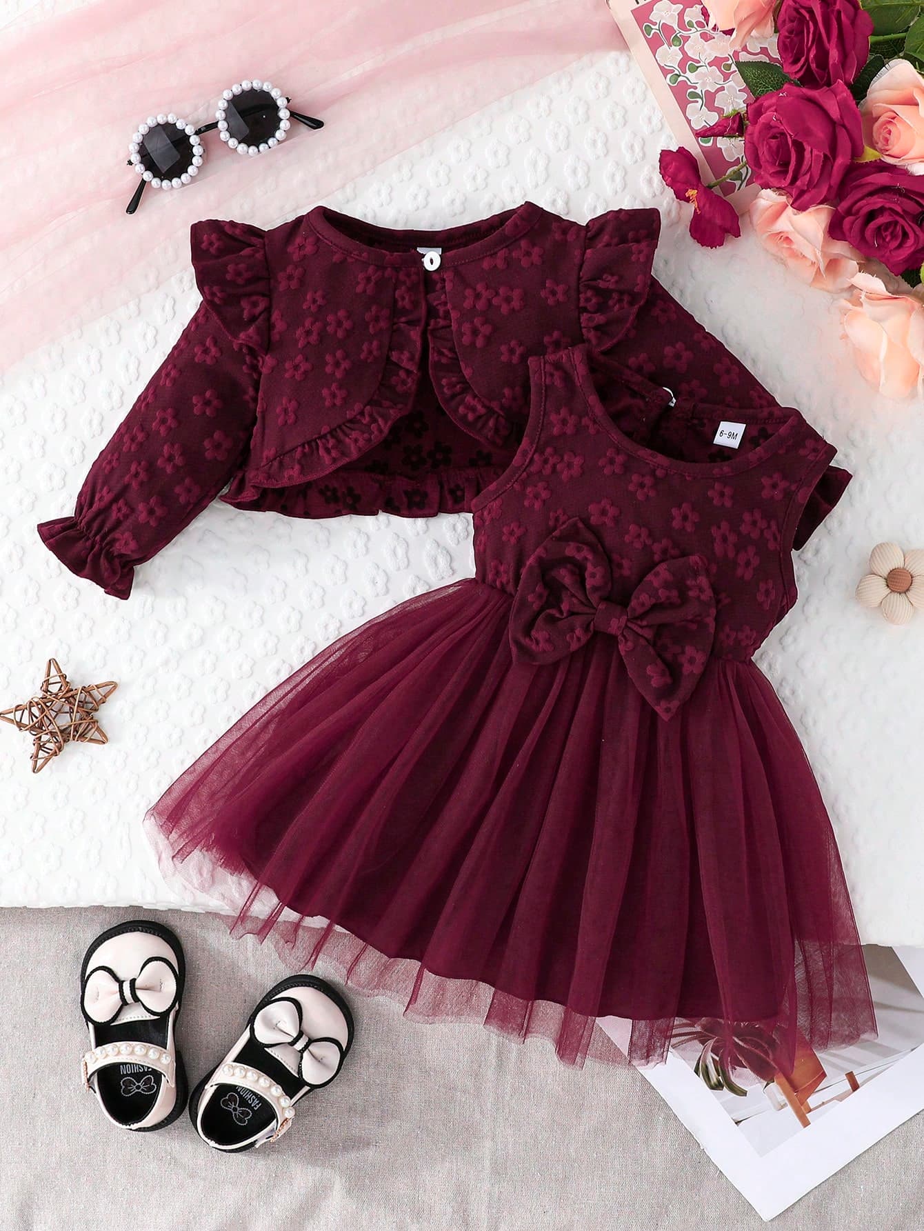 2pcs/Set Baby Girls Casual Snowflake Patterned Cardigan Jacket And Bowknot Mesh Dress Outfit Set