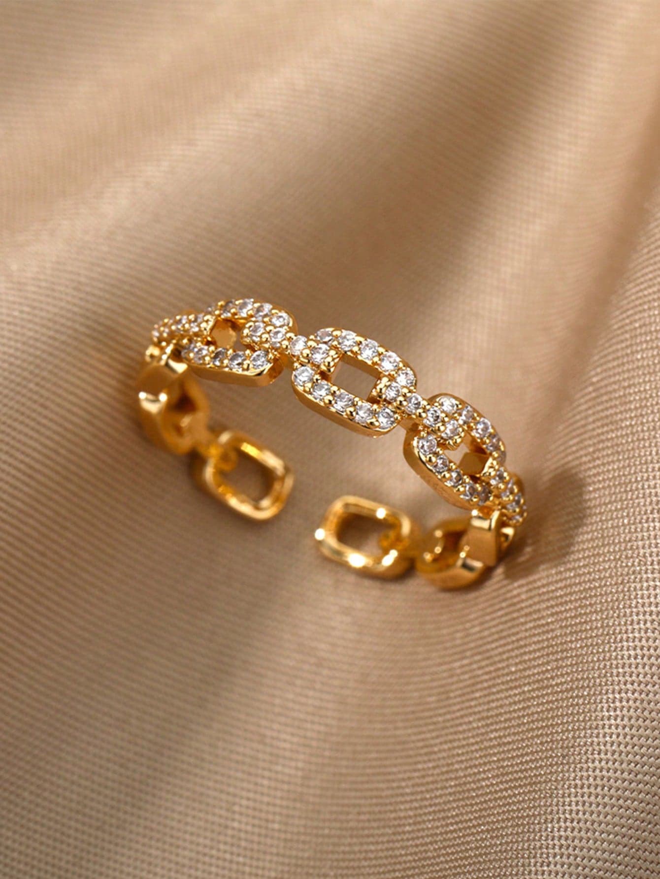 1pc Vintage Cubic Zirconia Cuban Link Ring, Women's Gold Stainless Steel Geometric Ring, Wedding Engagement Party Jewelry, Christmas Gift