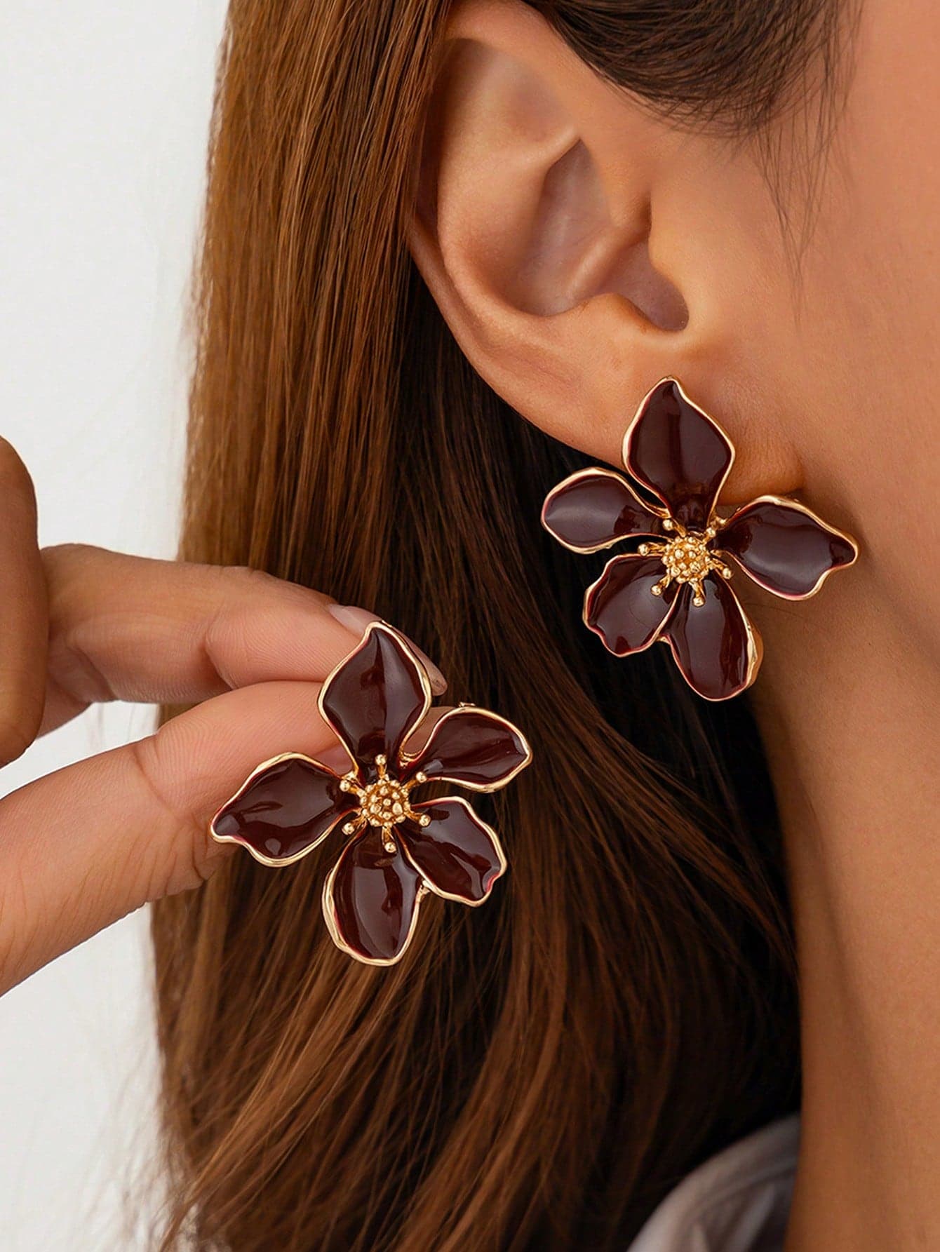 2pcs Fashionable Glazed Pink & Red Flower Pendant Earrings, Burgundy Flower Stud Earrings, Women Daily Accessories