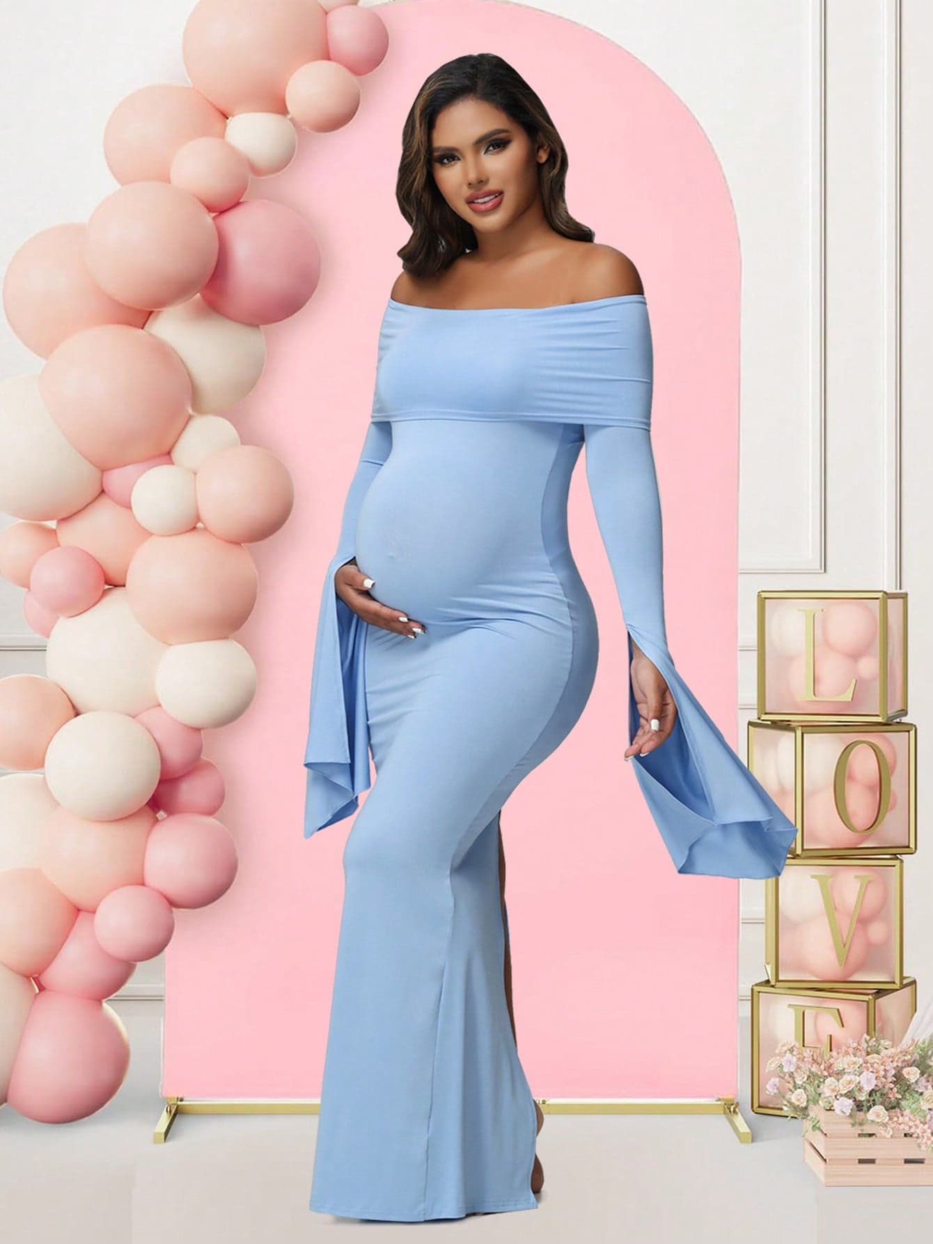 Maternity Long Sleeve Solid Color Off-Shoulder Elegant Dress, For Baby Shower, Photoshoot, Party Fall