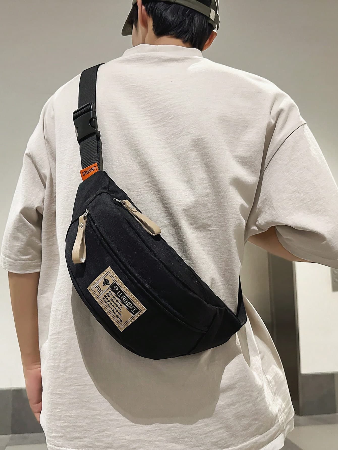 Adjustable Letter Print Chest Bag & Waist Bag Set, Fashionable Simple Solid Color Zipper Closure Shoulder Strap For Men, Casual Everyday Wear, Sports, Travel, Street, Lightweight Water-Resistant Nylon Multi-Compartment Waist Bag 1pc, Peach Tree Black Bag Travel Essentials Holiday Essentials Bag For Men Fanny Pack Bags Summer School The Sporty Life Summer Bag Springbreak Vacation Bag Pack Belt Bag School Supplies Pouch Phone Bag, Thigh Bag, Camping, Easter, Camping, Hiking Bag