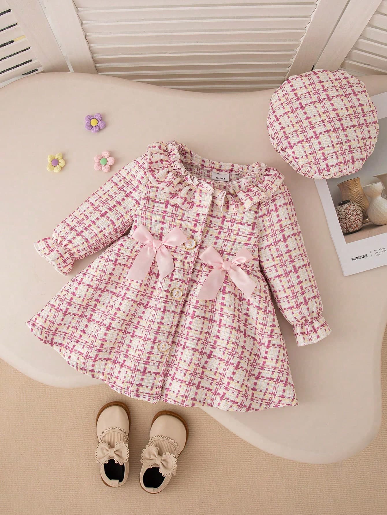 Fall/Winter Baby Girl Cute Pink Plaid Lace Collar & Bowknot Dress With Beret Cap Outfit