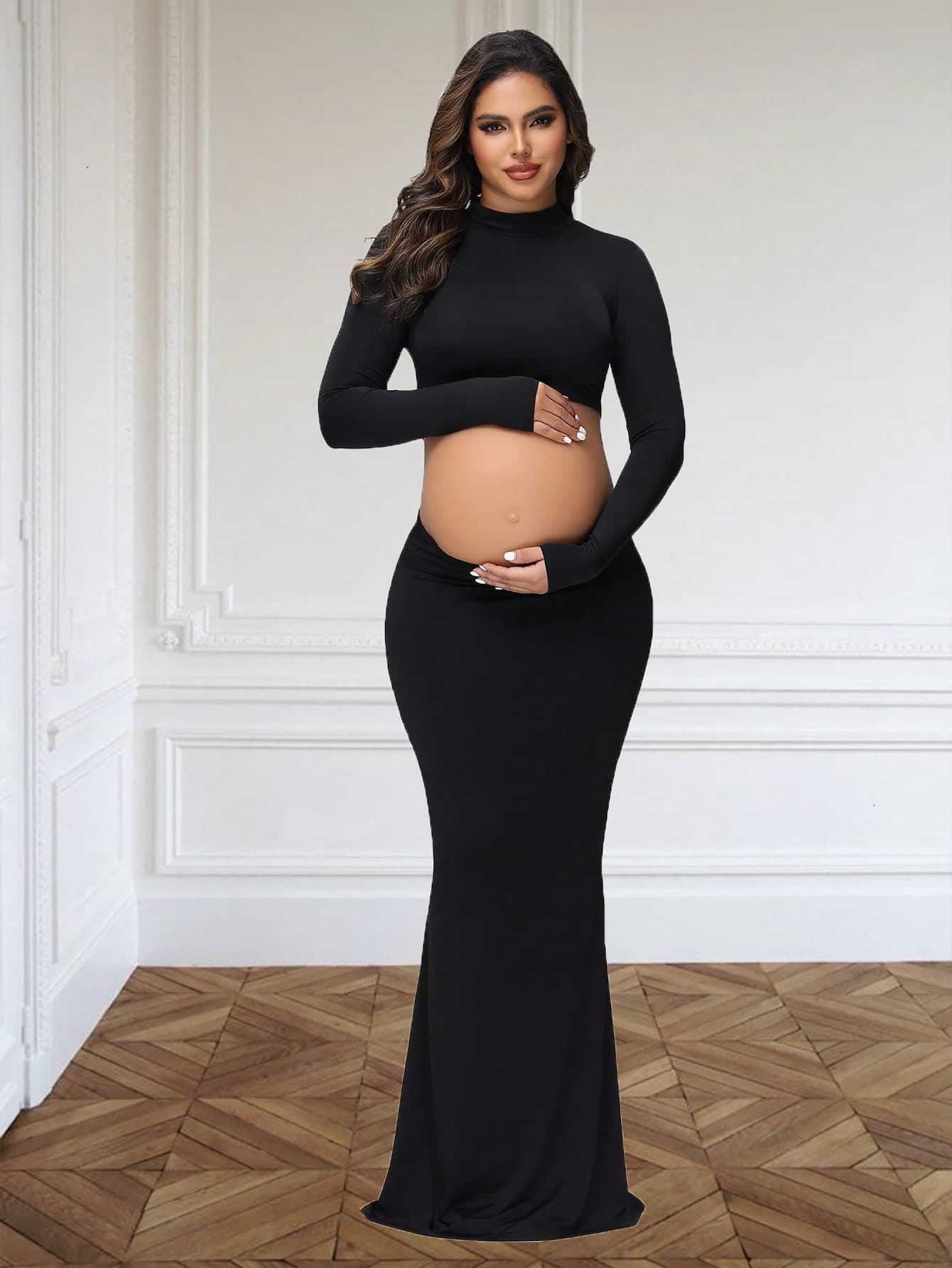 JustVH Maternity High Neck Long Sleeve Top And Mermaid Skirt 2-Piece Set, Solid Color, Suitable For Photography And Baby Shower Black