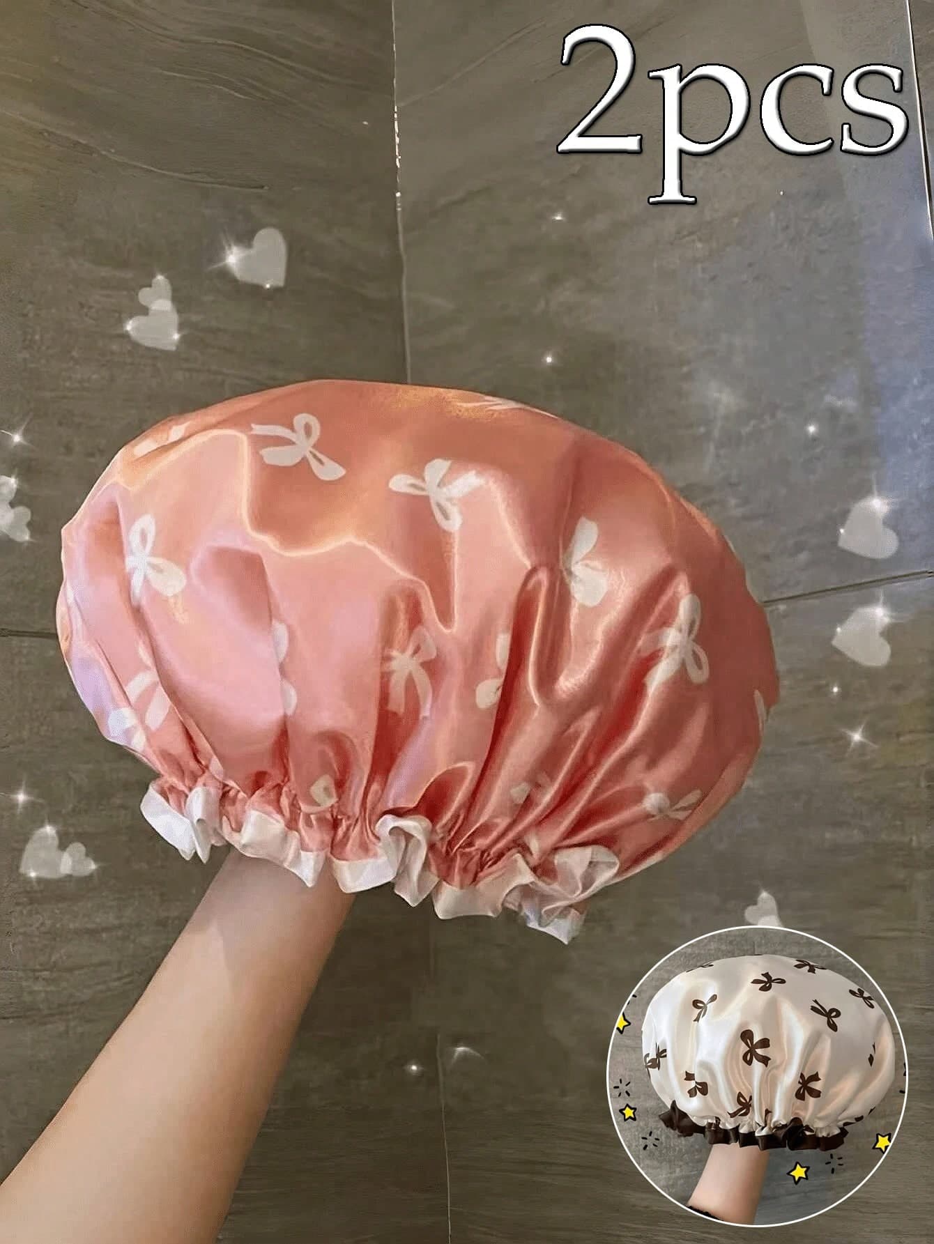 3/2/1pc Waterproof Double-Layer Bow Shower Cap, Elastic Shower Cap, Adult Kitchen Oil-Proof Cap, Bathroom Hair Drying Cap, Elastic And Adjustable, Suitable For Face Washing, Drying Hair, Makeup, Cooking, Shampooing