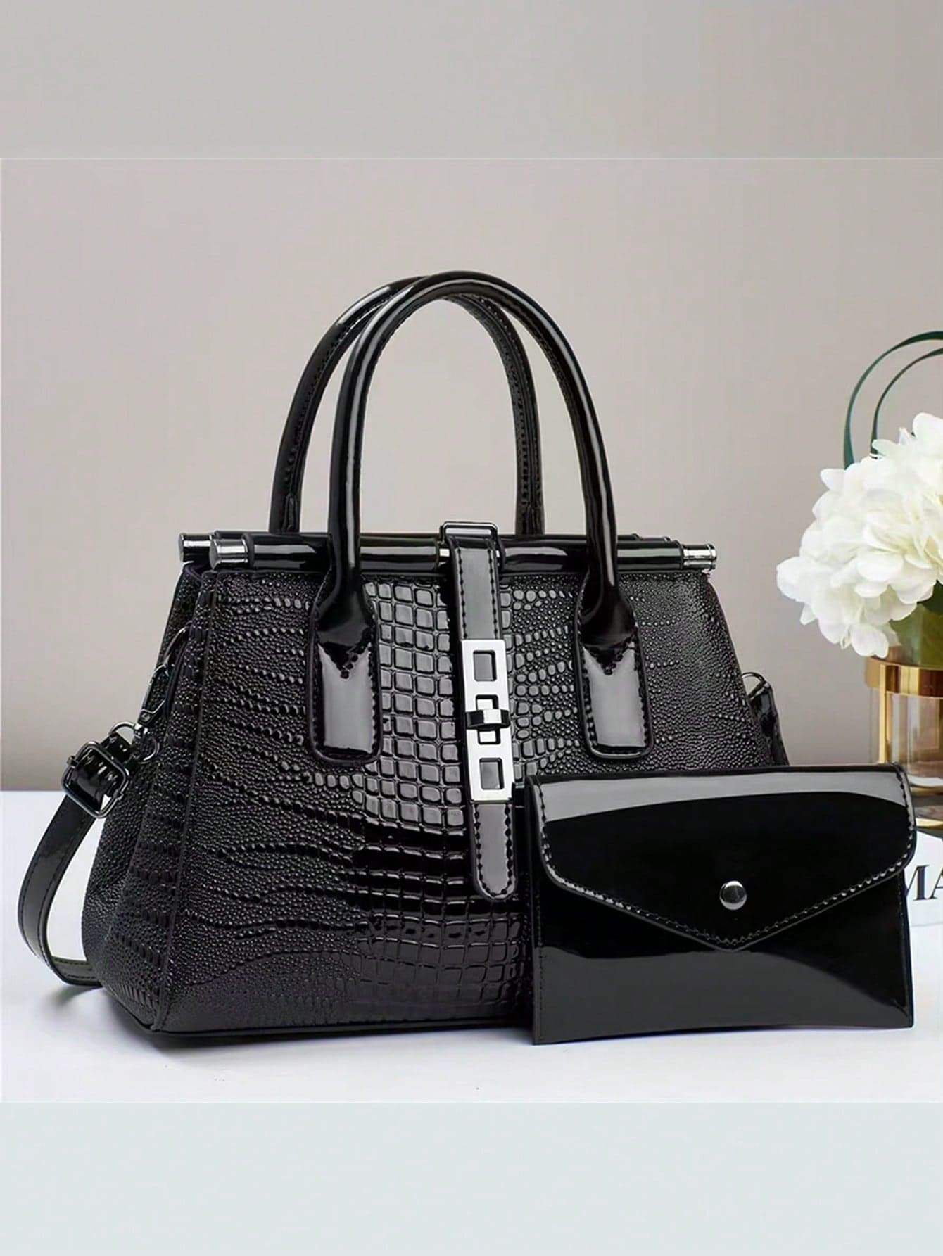 2pcs Set Elegant Fashion Crocodile Embossed Tote Bag & Shoulder Bag, Multi-Functional Large Capacity, Stylish Design, New Fashionable Ladies Small Square Handbag Crossbody Bag, Versatile Casual Large Capacity Shoulder Or Crossbody Bag Suitable For Travel, Shopping, New Fashionable Ladies Tote Shoulder Crossbody Bag, Elegant Color Blocking, Casual Luxury Large Capacity Shoulder Or Crossbody Design, Best Mother's Day Gifts Ever