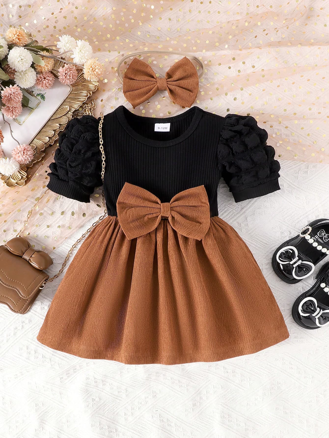 2pcs Baby Girl Bow Decor Ribbed Knit Patchwork Ruffle Hem Drop Waist Short Sleeve Dress With Hairband