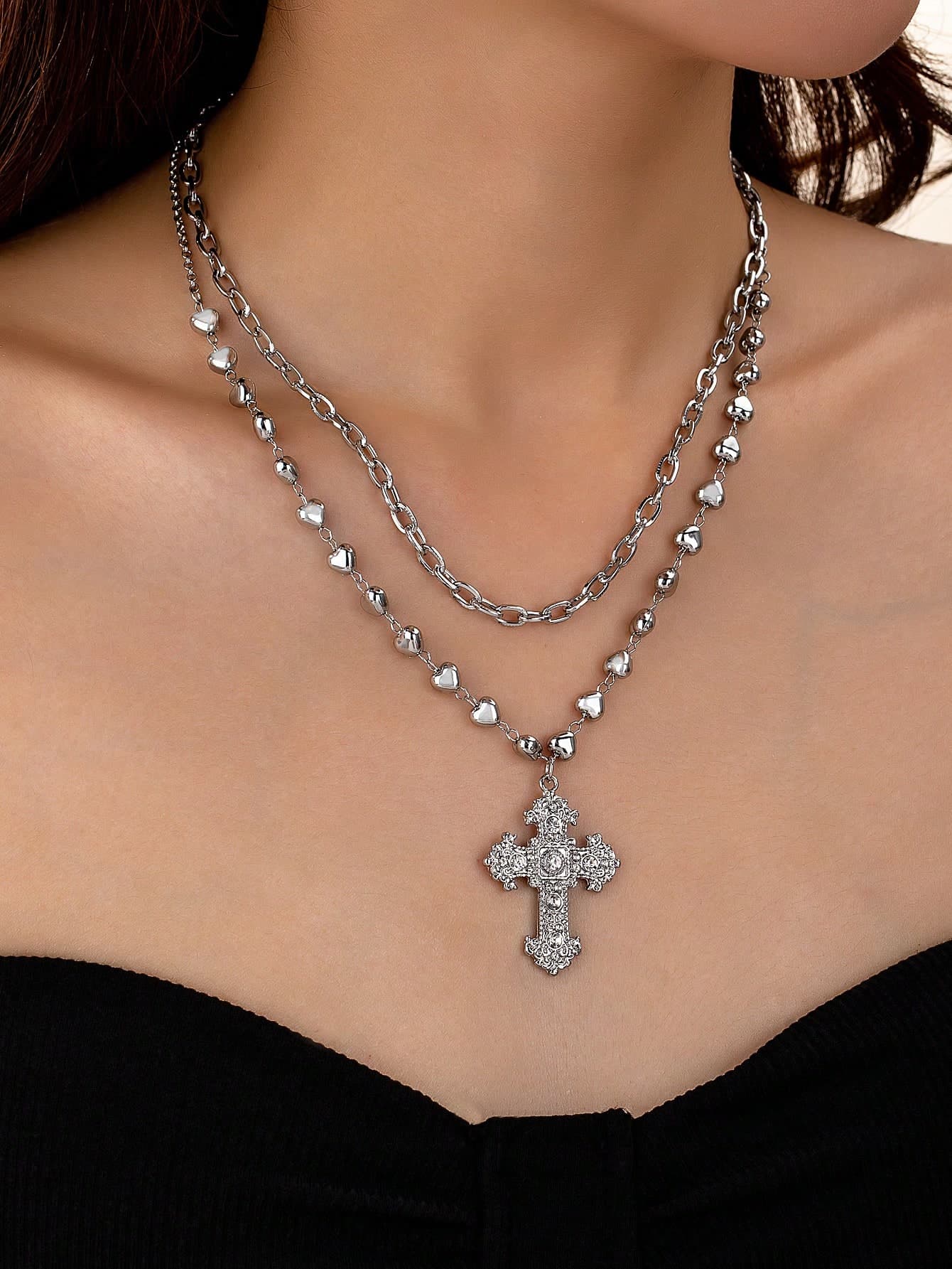 2pcs Silver Cross & Heart Shaped Metal Chain Necklace Set, Layered Necklace For Women