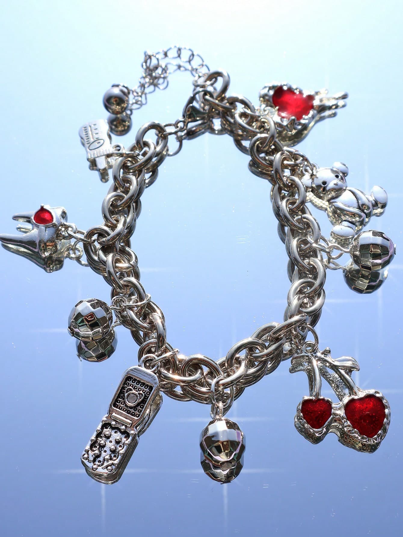 Renaissance Vintage Teddy Bear Charm Bracelet Y2K Cherry Charm Bracelet Party Music Festival Disco Ball Charm Bracelet Red Heart Charm Bracelet Valentines,Mom,Mother,Mother's Day,Gift
