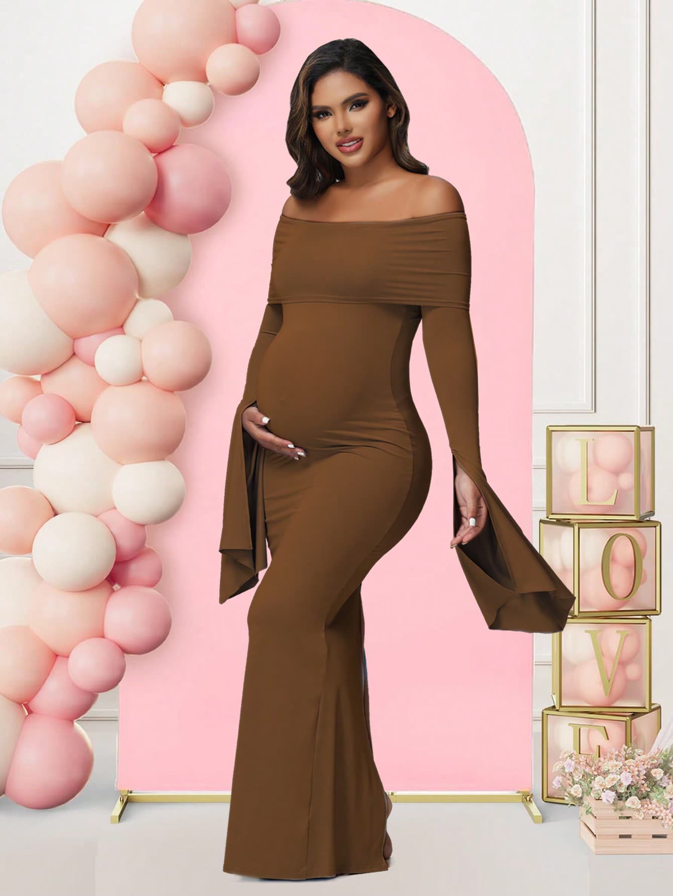 Maternity Off-Shoulder Solid Color Long Sleeve Dress, Suitable For Baby Shower Photo Shoot Spring Brown