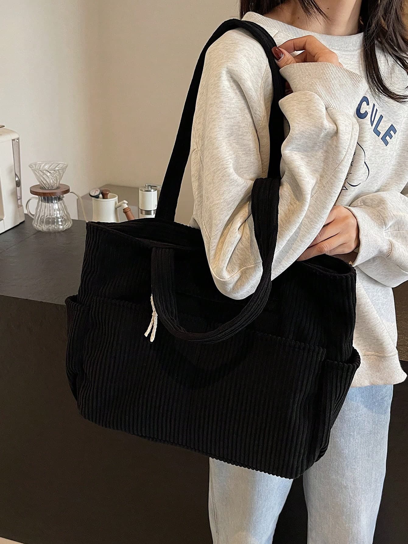 2025 New Women's Handbag, Large Capacity Commuter Shoulder Bag, Niche Design, Casual & Versatile, Minimalist Fashion, Corduroy Texture, Long Shoulder Strap, Zipper Closure, Spacious, Tote Bag, Literary Casual Style