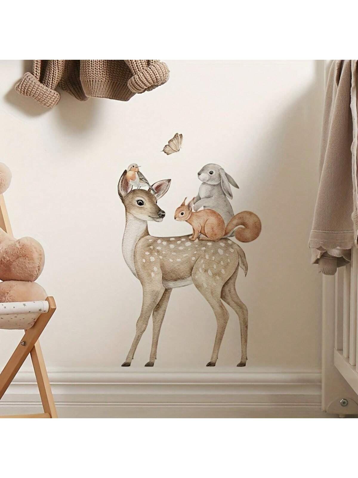 Cute Sika Deer Wall Stickers, Cartoon Animal Wall Stickers, Fox Rabbit Butterfly Detachable Peel And Stick Strips For Home Office, Living Room Bedroom TV Sofa Background Decoration