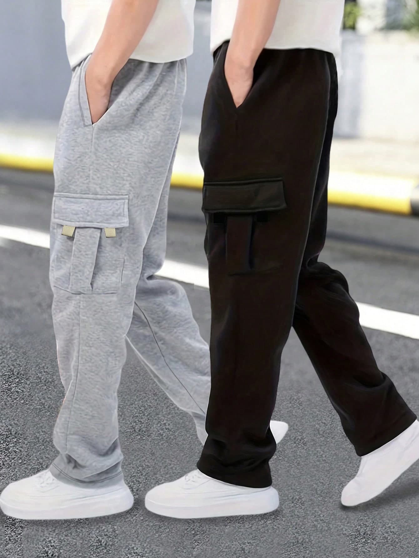 2pcs/Set Tween Boy Casual Loose Outdoor Sports Workout Sweatpants With Side Pockets, Straight Leg Thick Warm Pants, Spring/Autumn/Winter