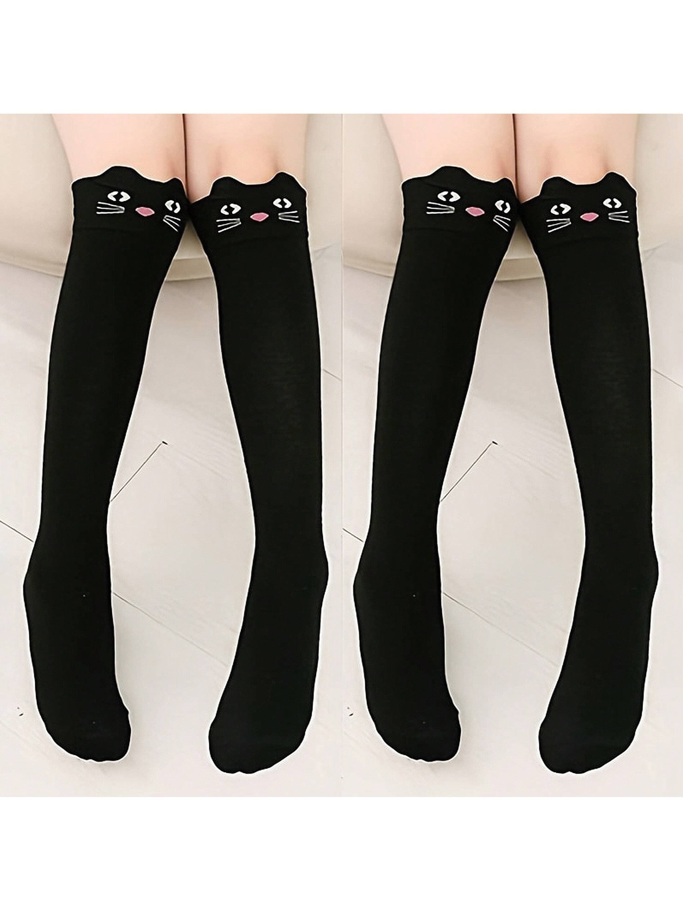2 Pairs Girls Cute Black Kitten Knee-High Socks, Soft Comfortable Over-The-Knee Calf Socks For Girls