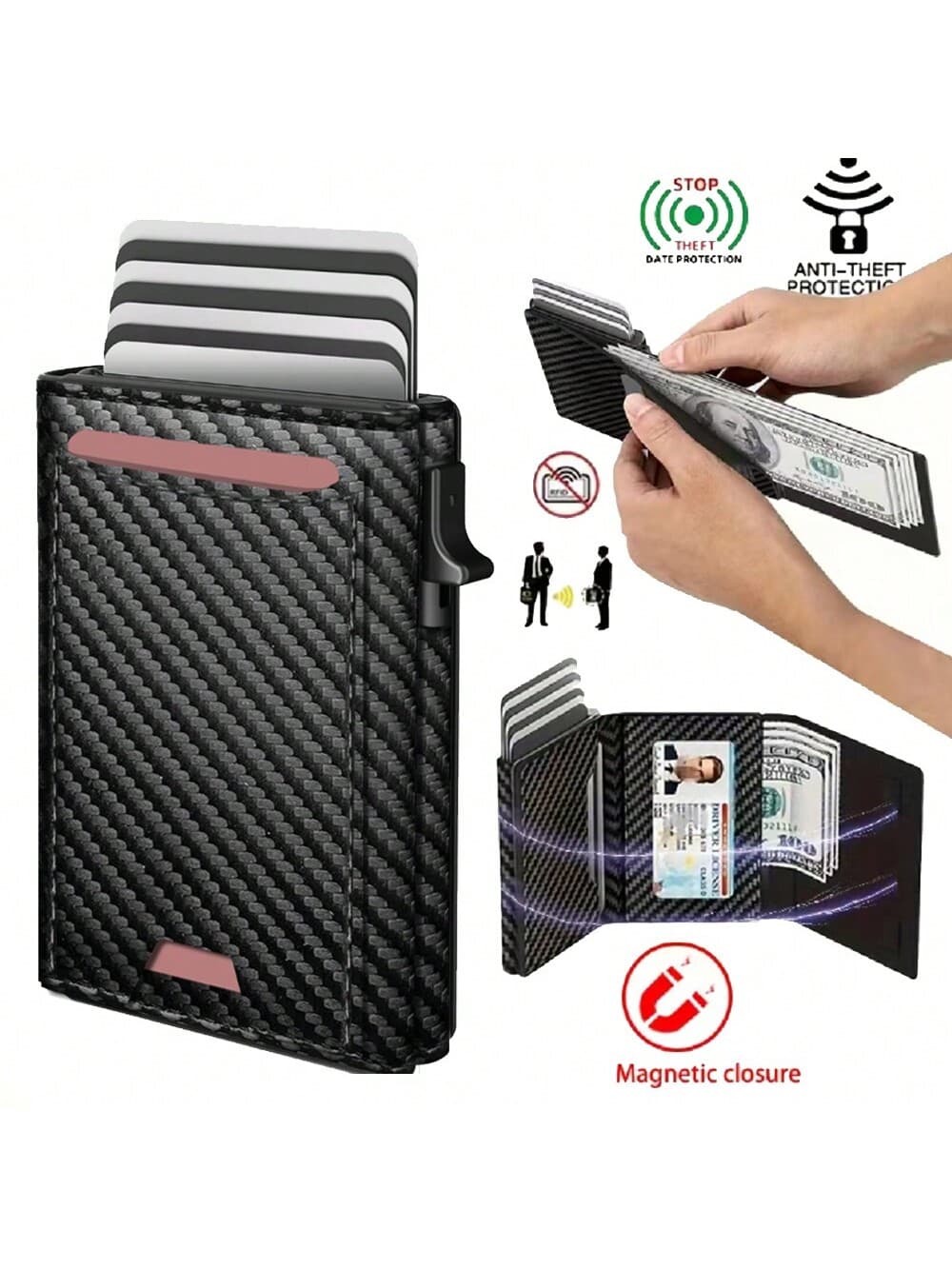 Men's Pop-Up Wallet: Magnetic Closure Pu Leather, RFID Blocking, Smart, Slim, Minimalist, Carbon Fiber - Big Capacity |ID Window |Cash Slot Halloween Purse Purse Men Black Card Holders Teachers Day Gift Small Gifts Gift Ideas Birthday Gifts For Men Valentine's Day Gift Gifts For Boyfriend Smart Wallet For Men 