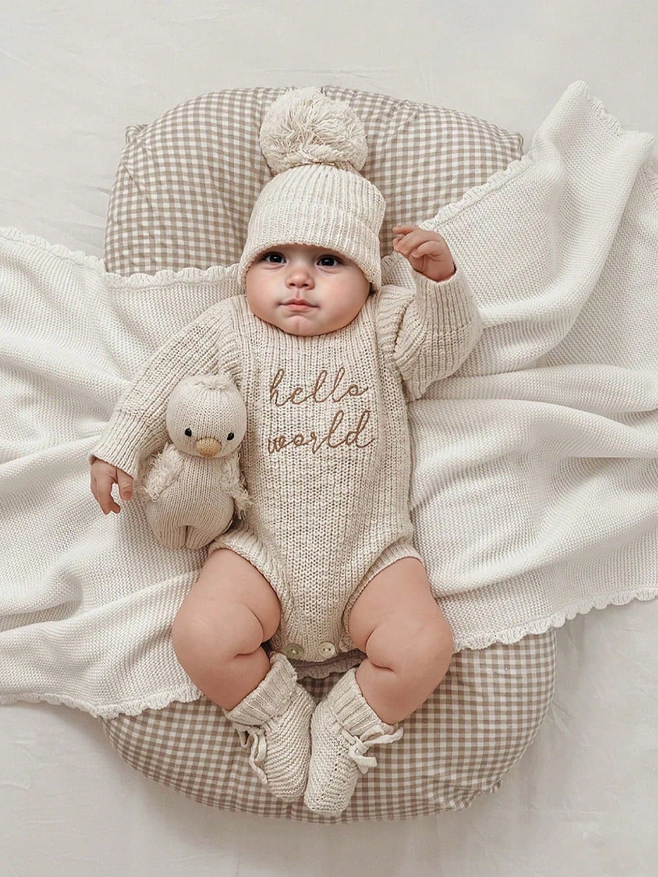 Newborn "Hello World" Embroidered Knit Romper & Pompom Hat Set, Infant Photography Prop, Christening Outfit