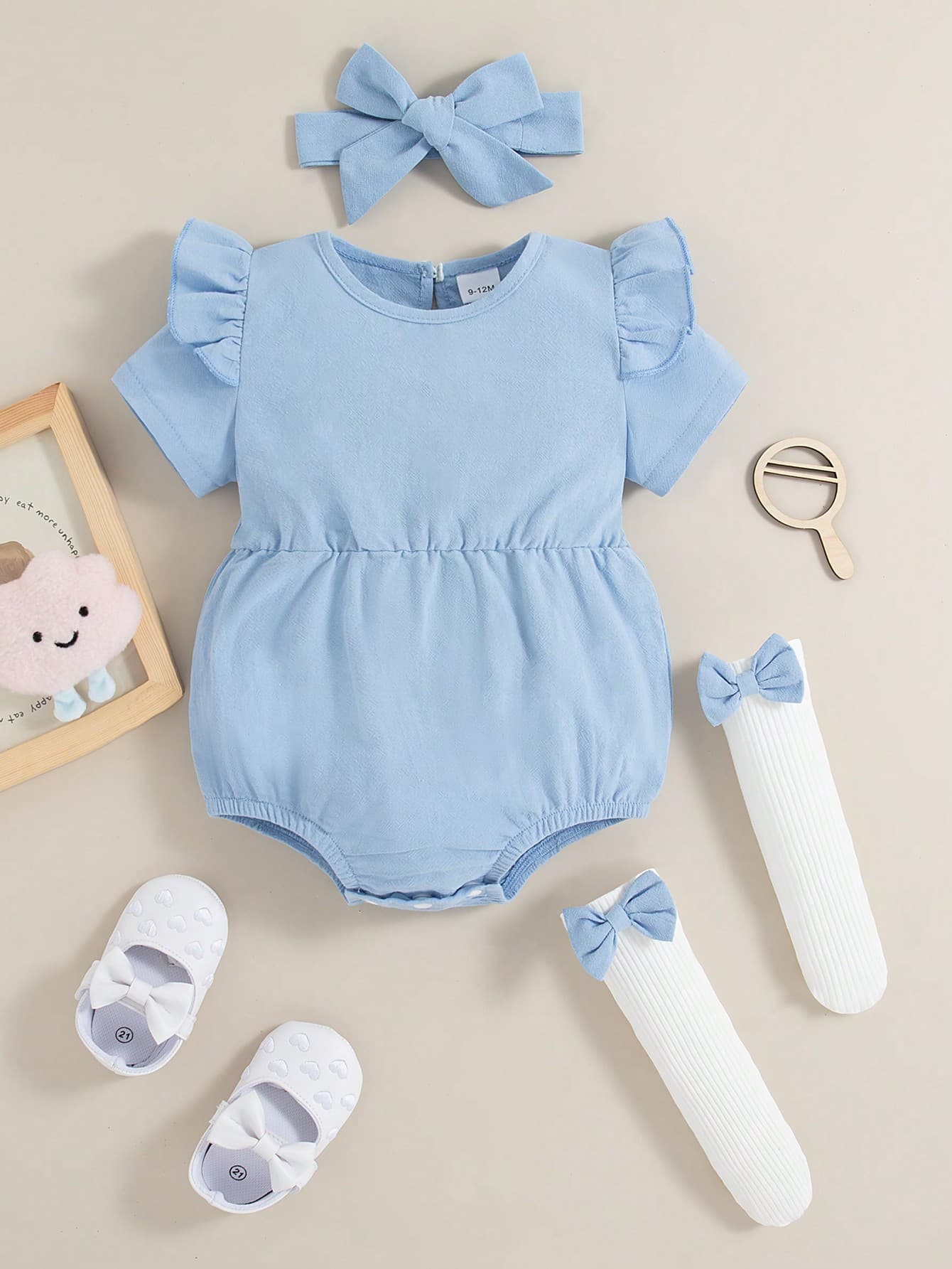 Baby Girl Spring/Summer Blue Lovely Cap Sleeve Bodysuit & Headband & Bow Socks Set