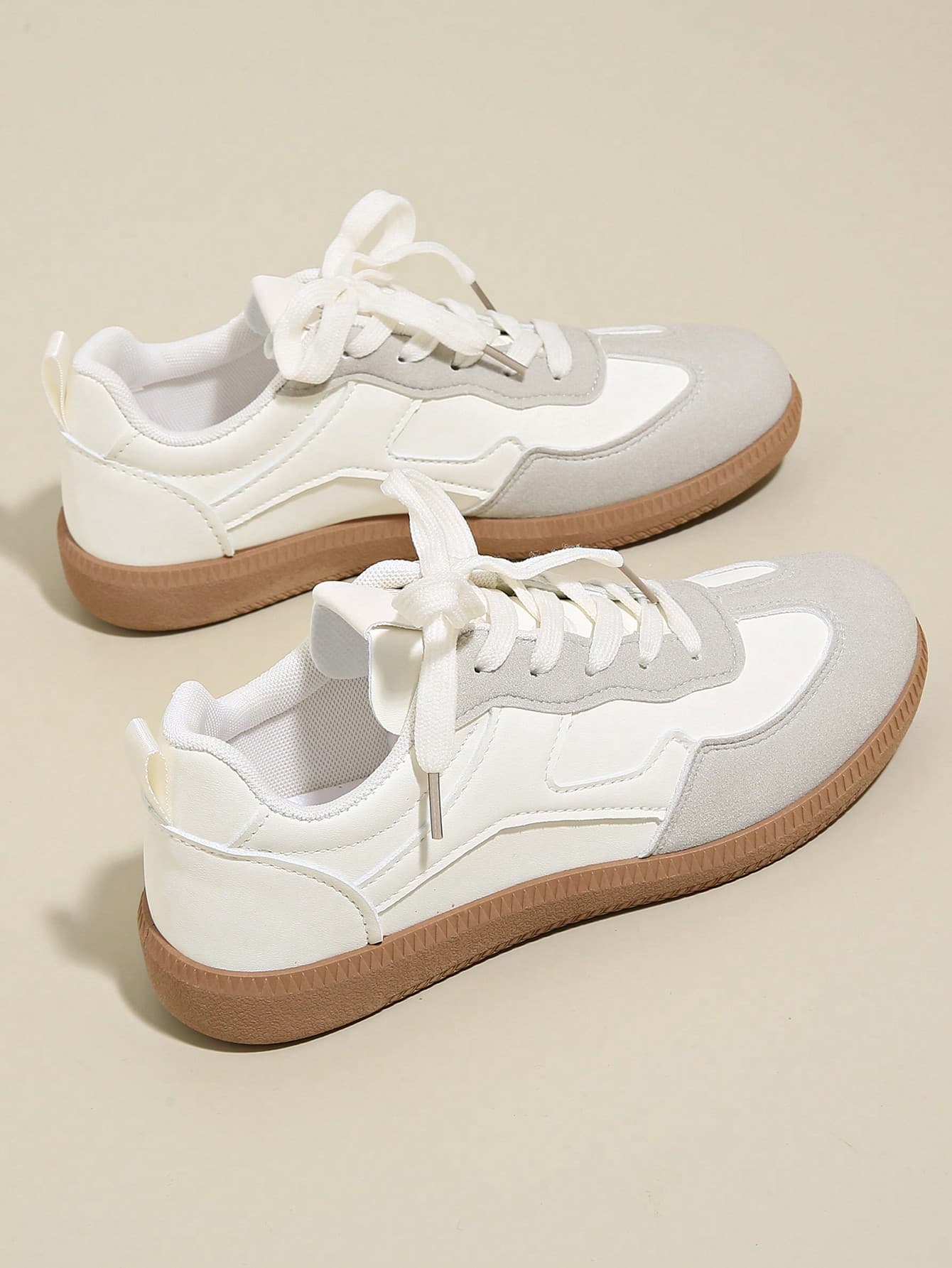 Women's Multifunctional Fashion Casual Shoes, Flat Lace-Up Round Toe Rubber Sole Casual Sneakers, Black & Khaki Color Block, Daily Match, Shoes, Casual Shoes, Size 36-41, Fashionable