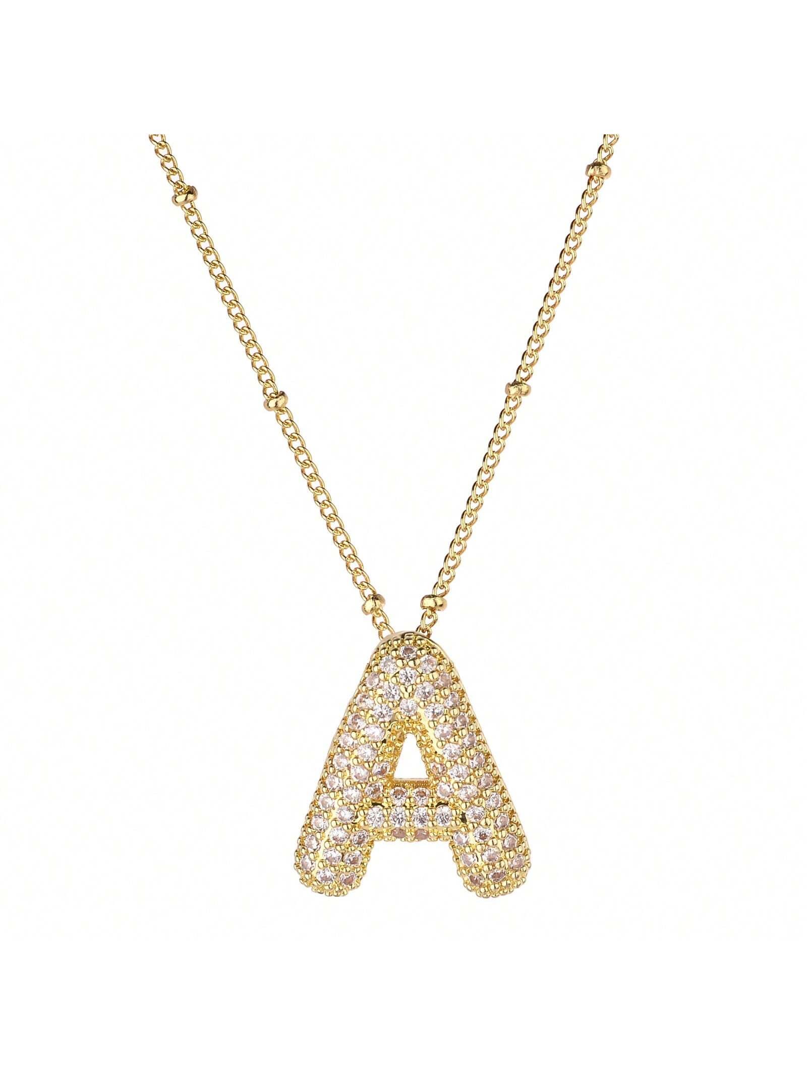One Piece New Women's Stainless Steel Bubble Letter Necklace Shining Zirconia Rhinestone Letter 26 A-Z Exquisite Balloon Necklace