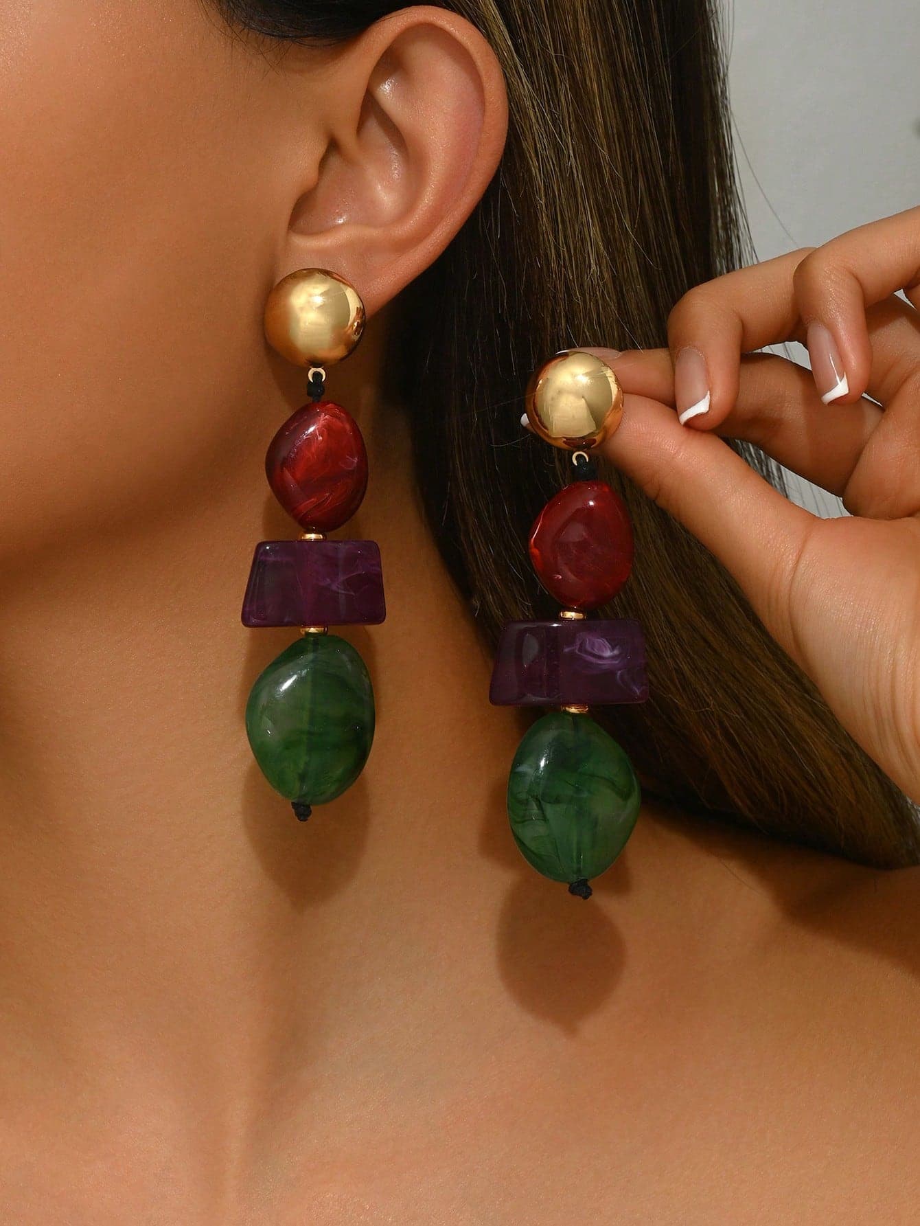 1 Pair Elegant Exaggerated Bohemian Gold & Silver Stud Earrings With Multicolor Patterned Plastic Pendant, Asymmetrical Geometric Water Ripple Ink Marble Faux Stone Wood Grain Styles, Women's Jewelry Earrings For Party, Holiday, Travel, Festival, Beads Pattern Color Random, Normal Minor Flaws Due To Material Inlet