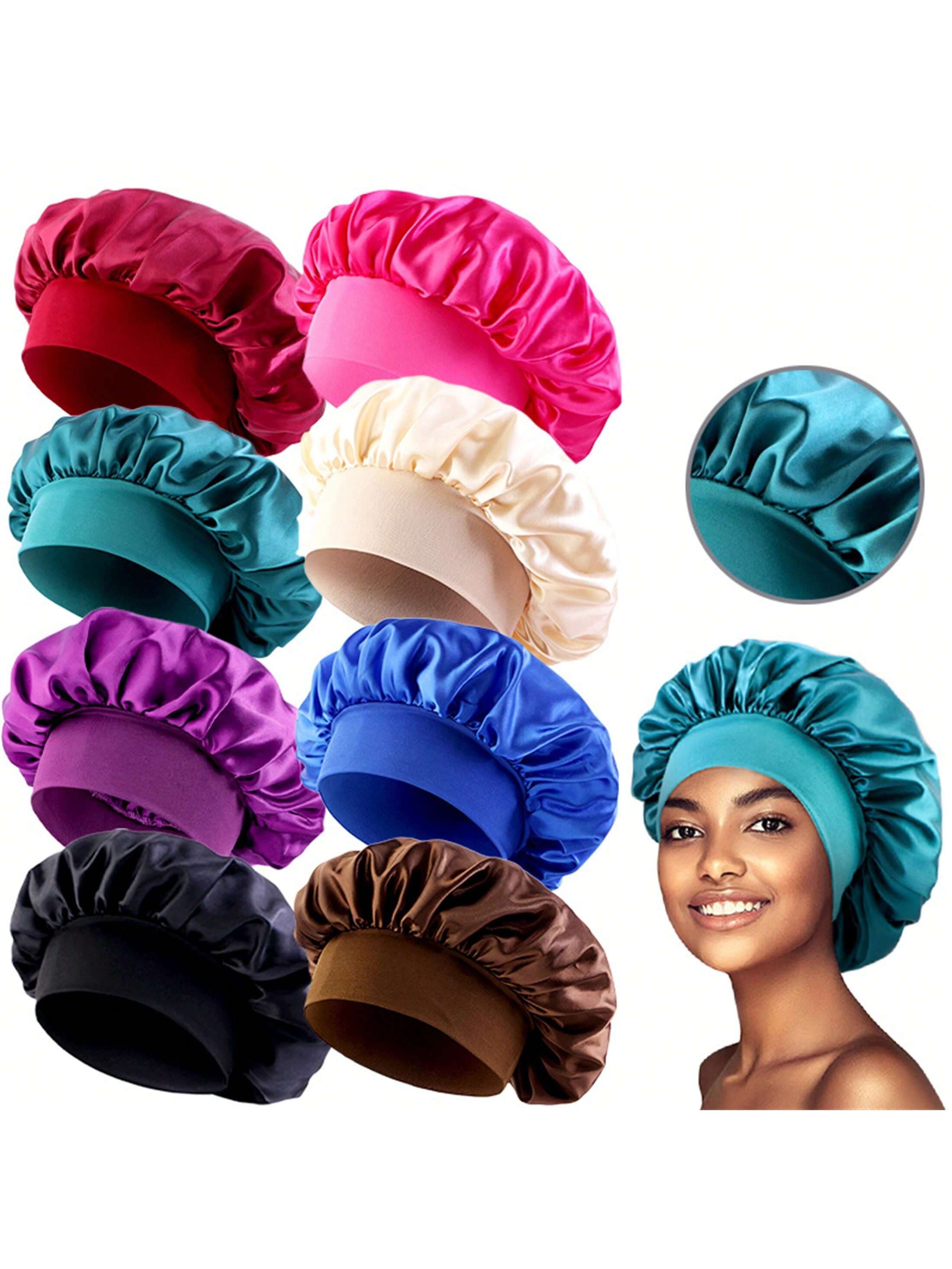 8pcs Women's Multi-Color Satin Wide-Brim Sleep Cap/Hair Cover, Suitable For Everyday Use Sleep Bonnet,Summer,Beach,Hat,Holiday,Travel