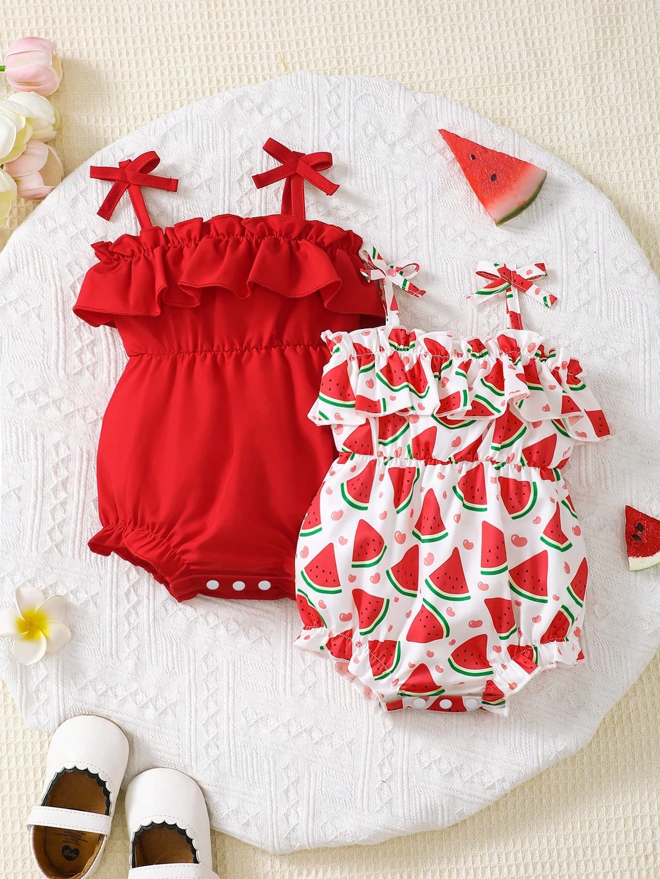 Baby Girl Summer Fashion Solid & Fruit Print 2 Pieces Bodysuit Sets