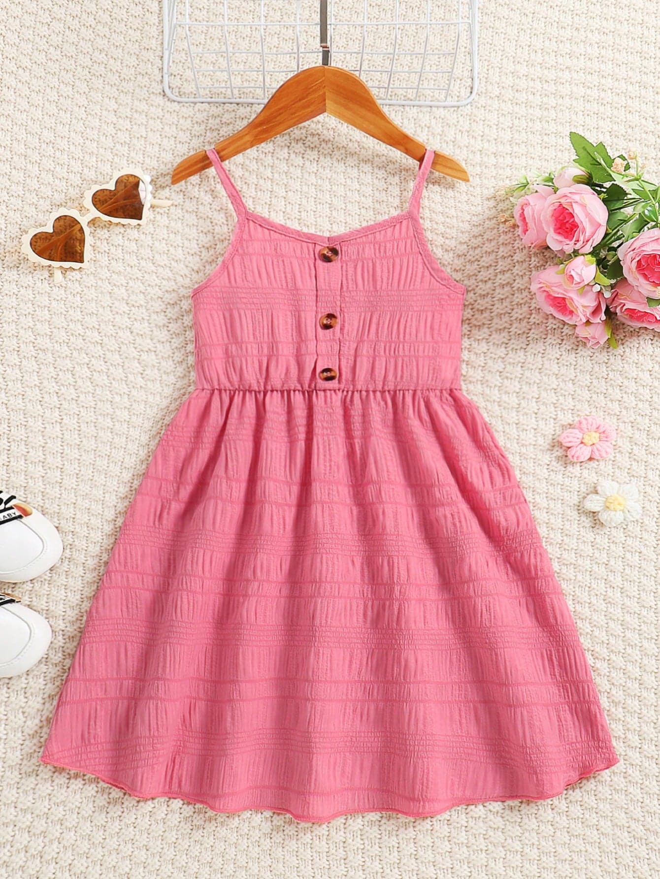 Young Girl Summer Casual Outdoor Solid Color Knit Jacquard Dress With Decorative Buttons, Straps, And Off Shoulder Design. Available In Knee-Length For Younger Young Girl And Mid-Length Elegant And Simple Vacation Clothing For Stylish And Comfortable Summer Wear.