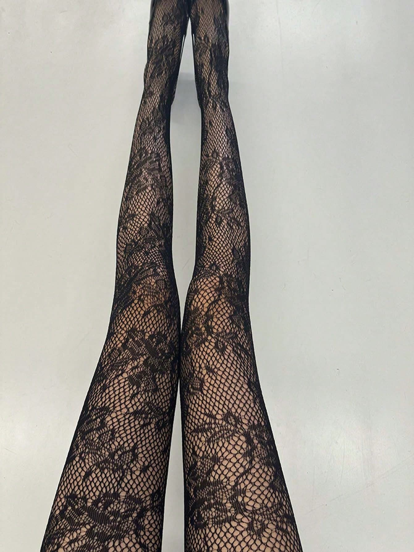 1 Pair Black Net Floral Fishnet Stockings | Sexy Sheer Lace Tights For Spring & Autumn | No-Show Black Lace Socks For Daily, Party & Holiday Wear Gift