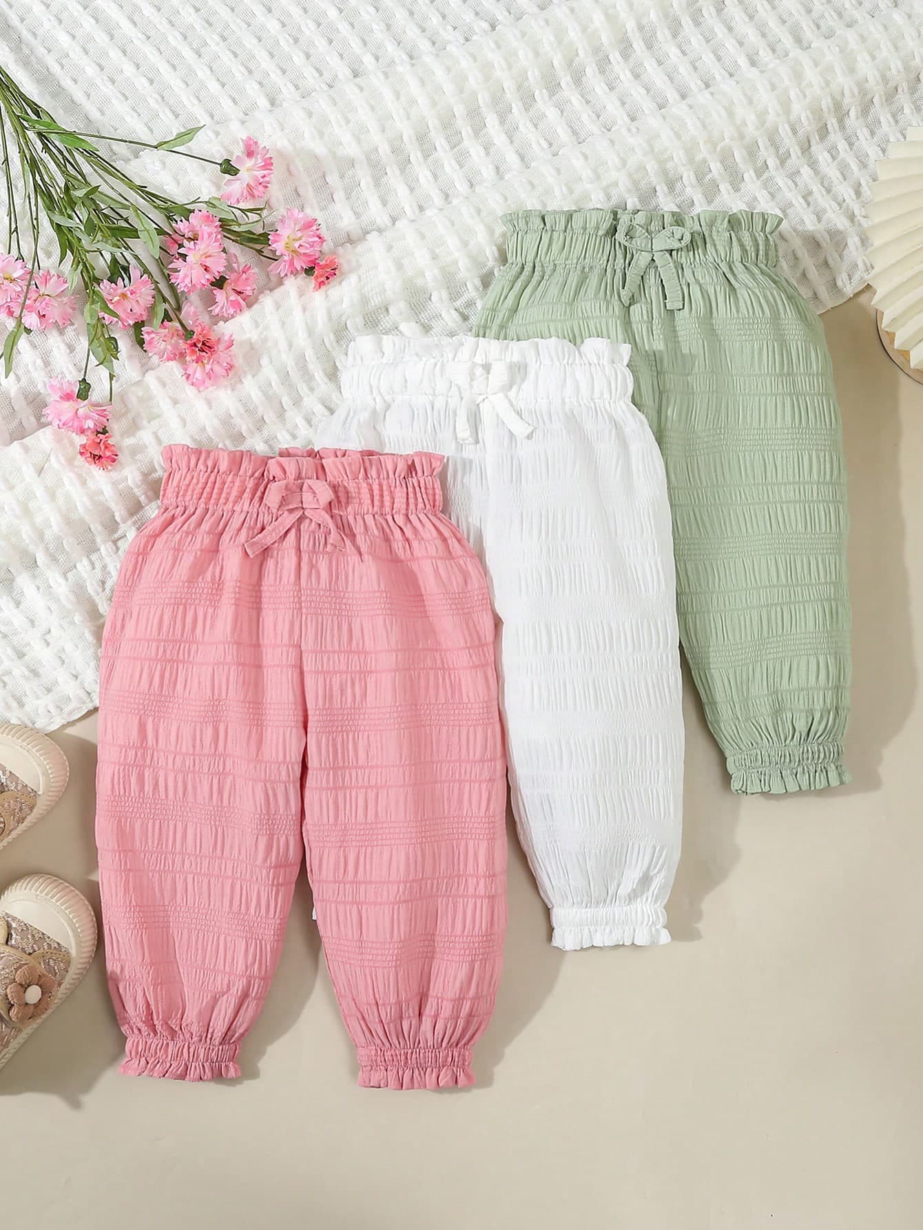 3pcs/Set Girls Casual Thin Pants, Baby Girl Spring/Autumn Baby Girl Sporty Drawstring Trousers, Summer Outerwear Mosquito Proof Multi-Pack