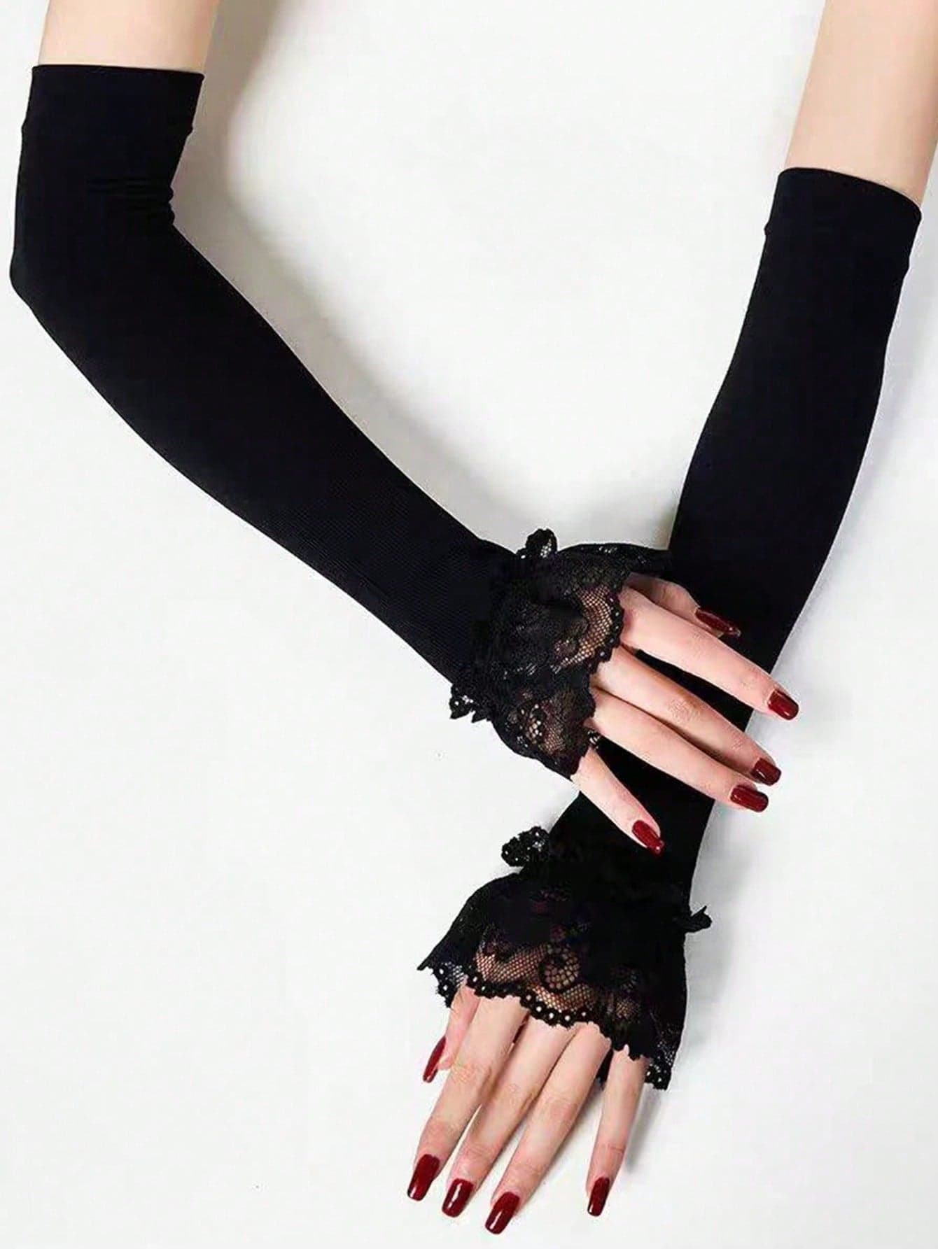 1 Pair Solid Color Knitted Lace Trim Arm Warmers For Women, Black & White, Mid-Length Knitted Sleeve Cuffs, Autumn/Winter