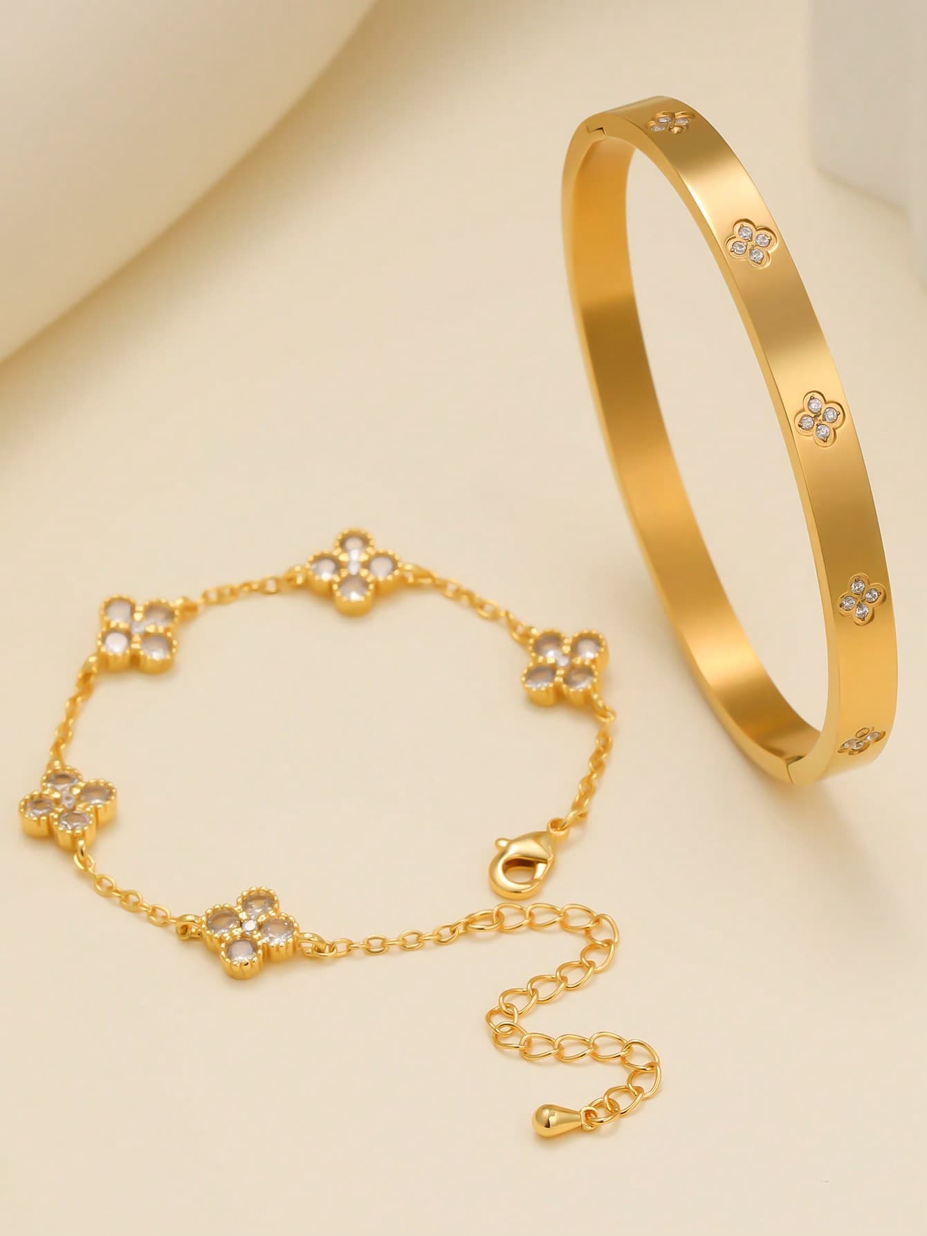 Premium Luxury Elegant 4-Leaf Clover Zirconia Stainless Steel Bracelet & Bangle Set For Women, Versatile For Multi-Occasions & Gift