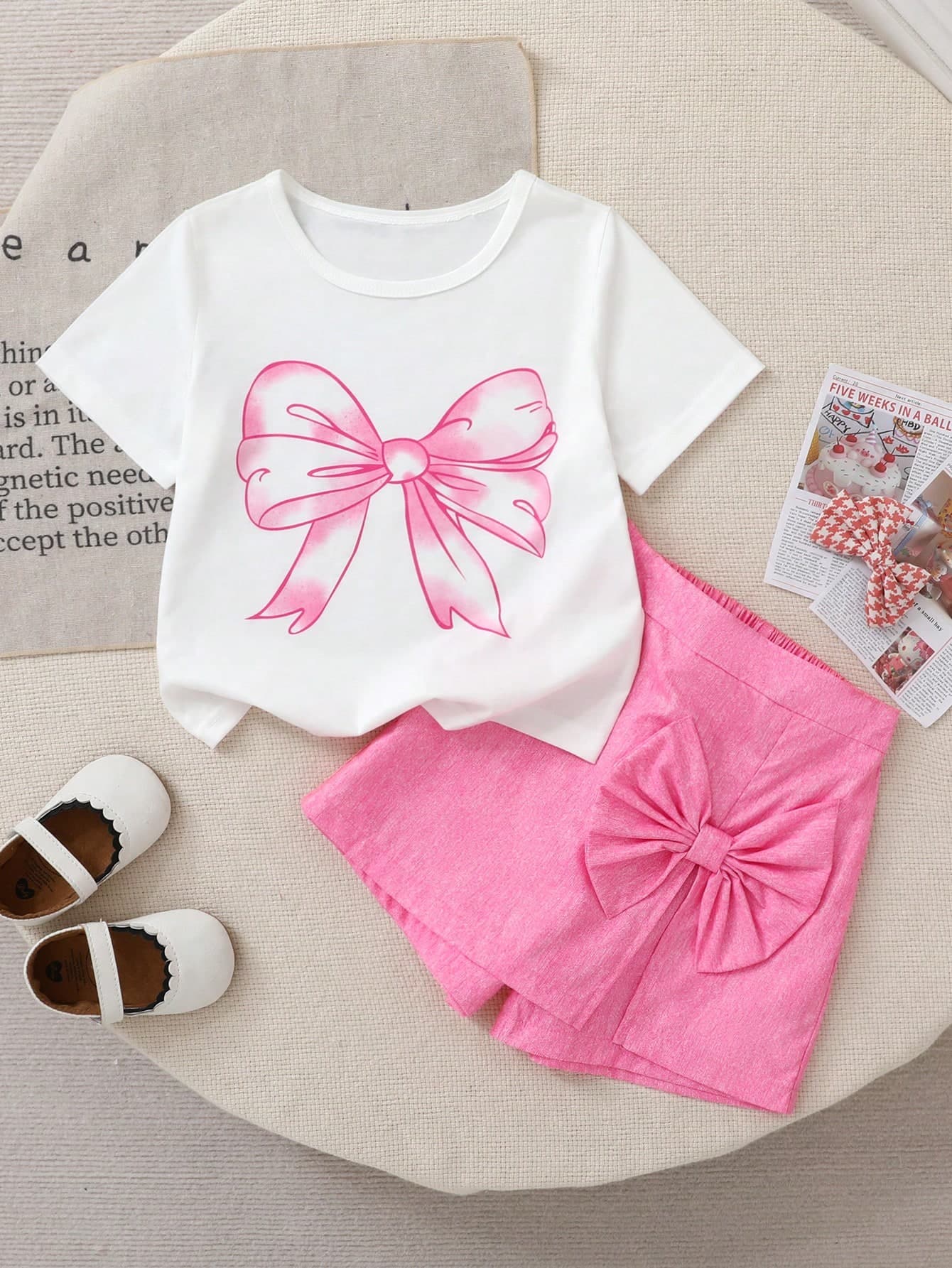 2pcs/Set Young Girl Fashionable Casual Bowknot Print White Short Sleeve Top And Pink Skorts Shorts Set,Cute & Sweet, Suitable For Outings, Holidays, Summer
