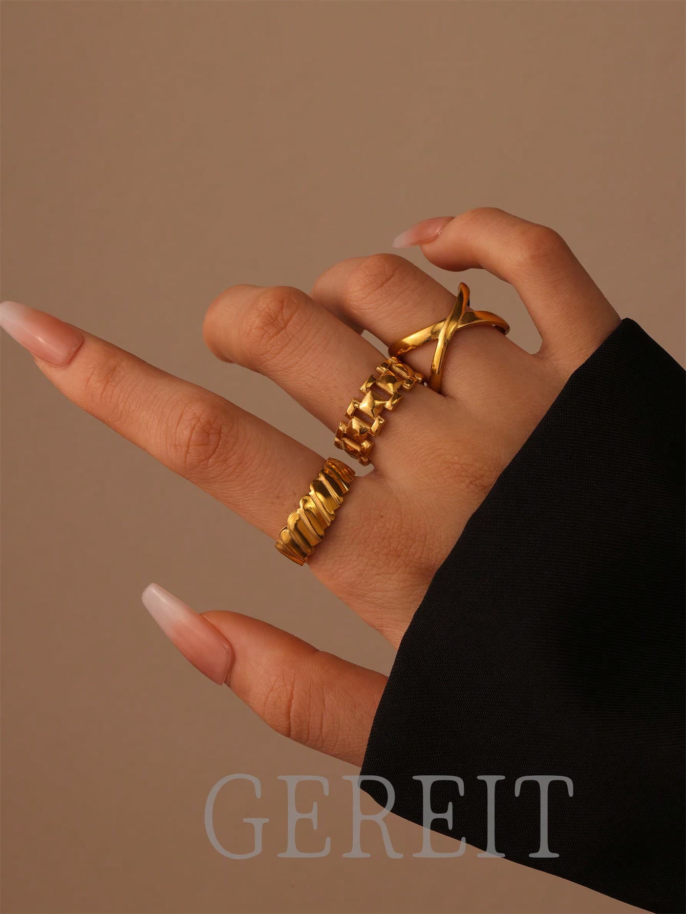 GEREIT 3pcs 18K Stainless Steel Chain Hollow Cross Open Ring Set, Suitable For Women's Daily Wear, Mother's Day Gift