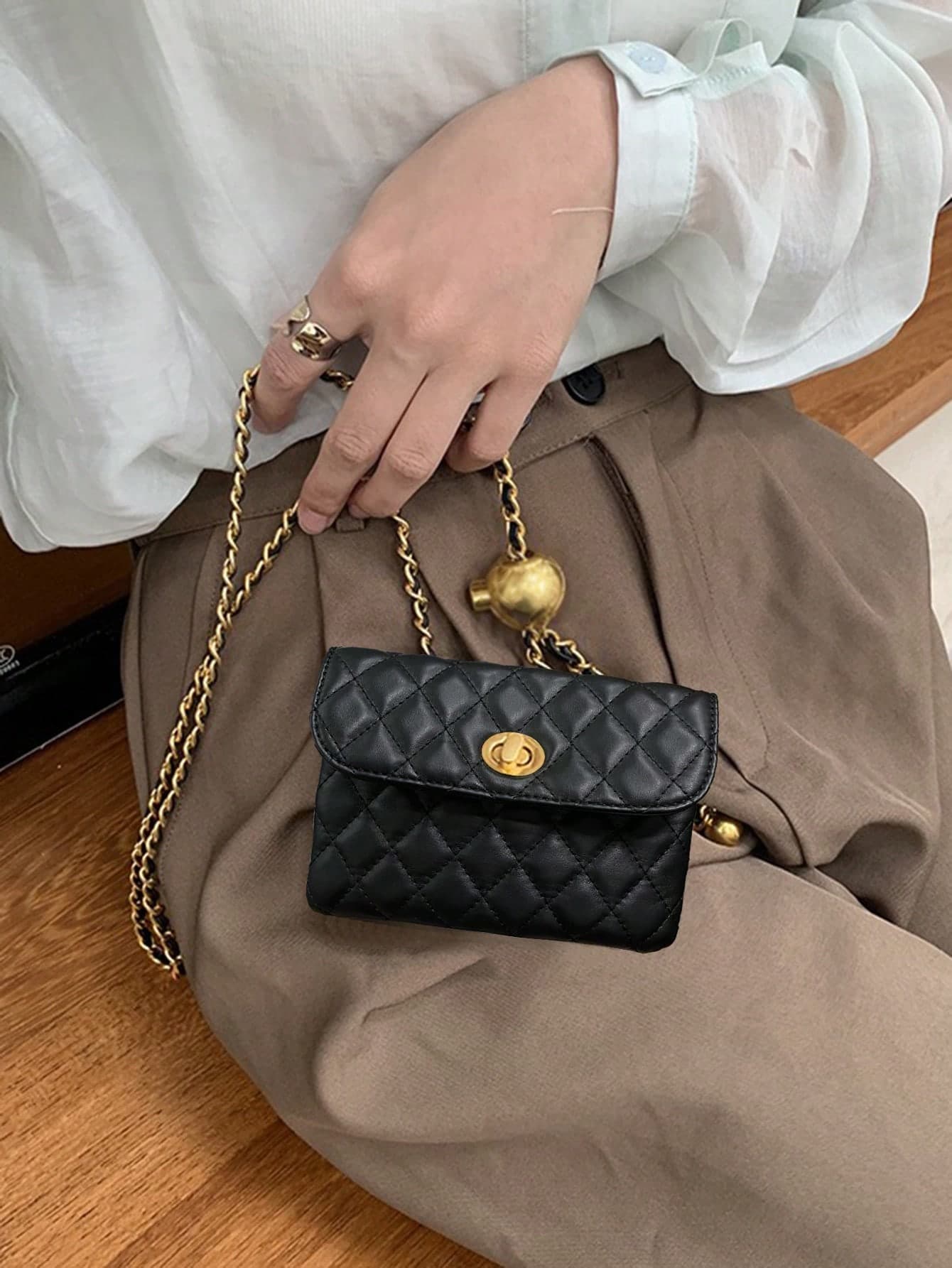 SHEIN BAE New Fashionable Versatile Rhombic Embroidery Detachable Chain Mini Multi-Function Waist Bag/Shoulder Bag