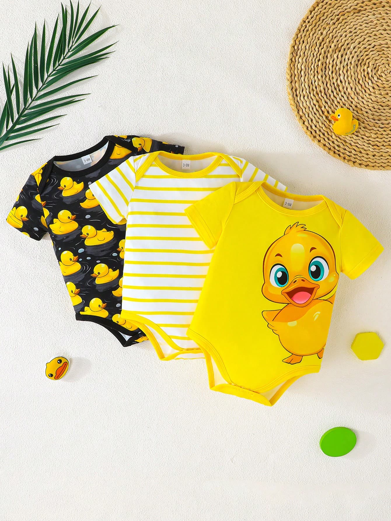 3pcs/Set Baby Boy Cute Duck Print Casual Bodysuits, Comfortable Easy-To-Wear Short Sleeve Summer Outfit Combos