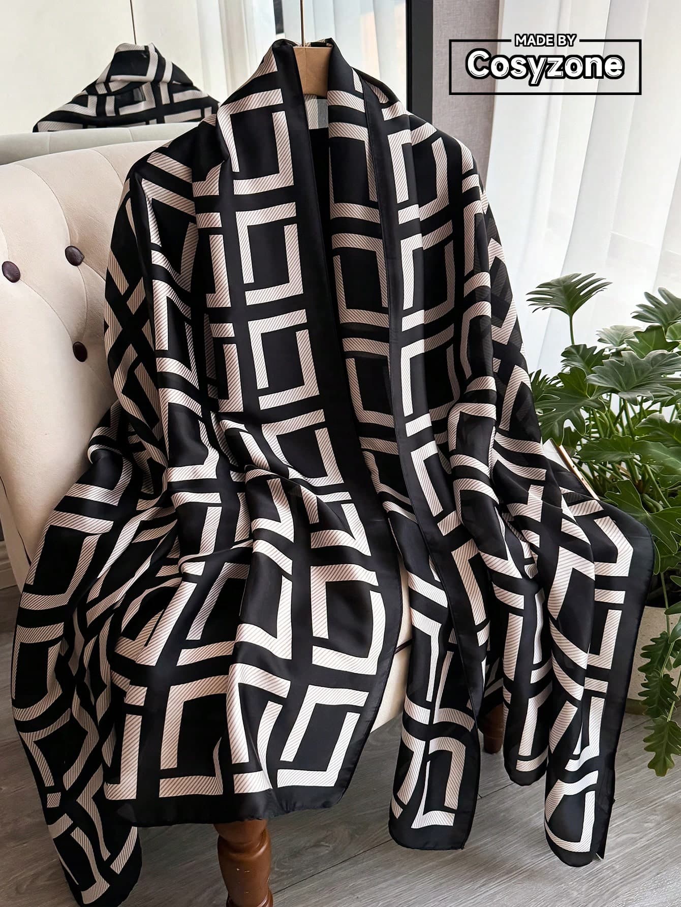 1pc Beach Accessories Elegant Silk-Like Geometric Print Scarf, Versatile For Women As Fashion Accessory, Shawl, Sarong For Beach, Sunscreen