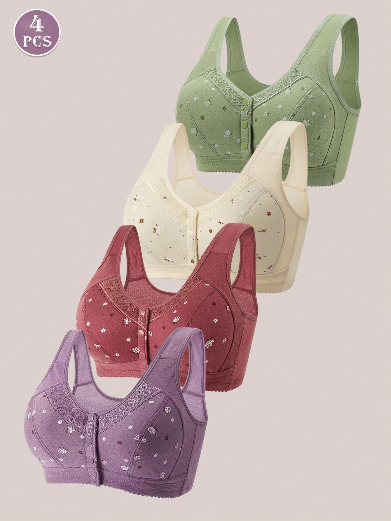 4pcs Printed Front Closure Bra, Soft & Elegant Wireless Bra, Women's Lingerie