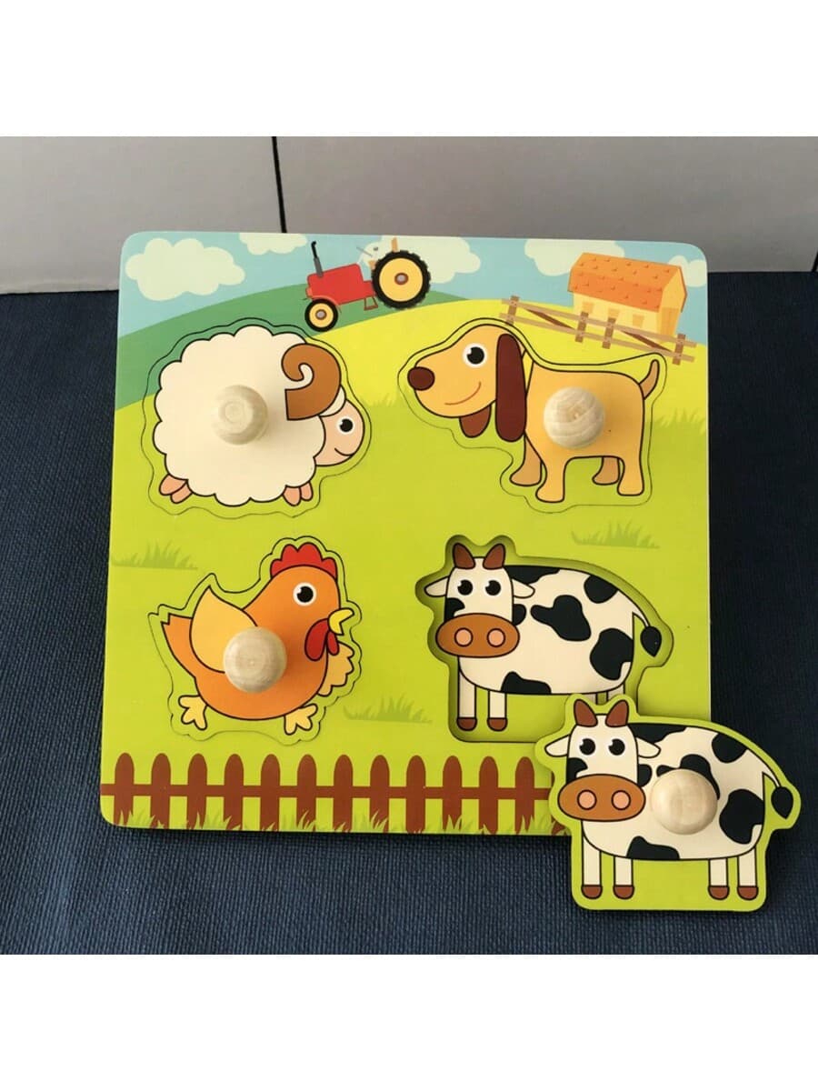 MuTongXB 1PC 12M+ Baby Wooden Farm Animal Peg Puzzle, Small Palm Size Cartoon Shape Matching Board, Sensory Toy For Indoor Play