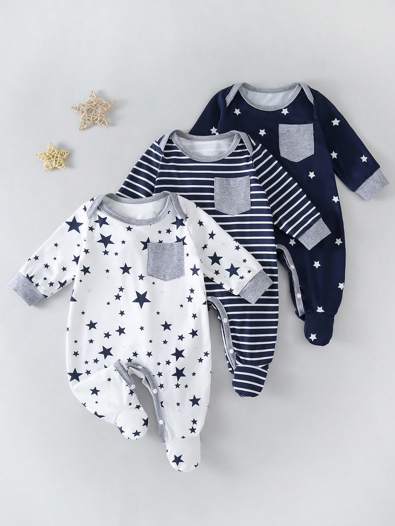 3-Piece Set Star Print Footie Jumpsuit